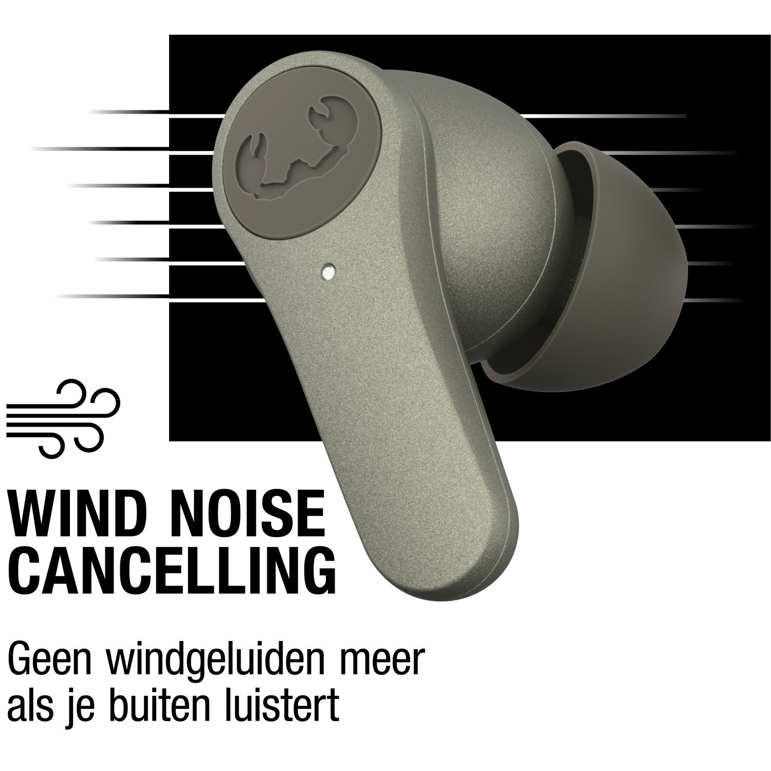 Een olijfgroene oortelefoon met logo, tekst 'WIND NOISE CANCELLING' en Nederlandse tekst. Zwarte achtergrond en witte lijnen.