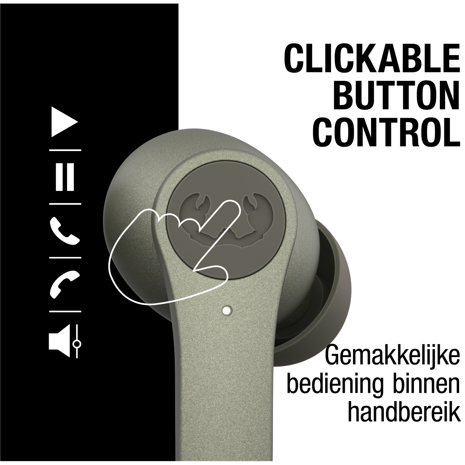 Een oortelefoon met klikbare knopbediening. De afbeelding heeft tekst die zegt: 'Eenvoudige bediening binnen handbereik'.