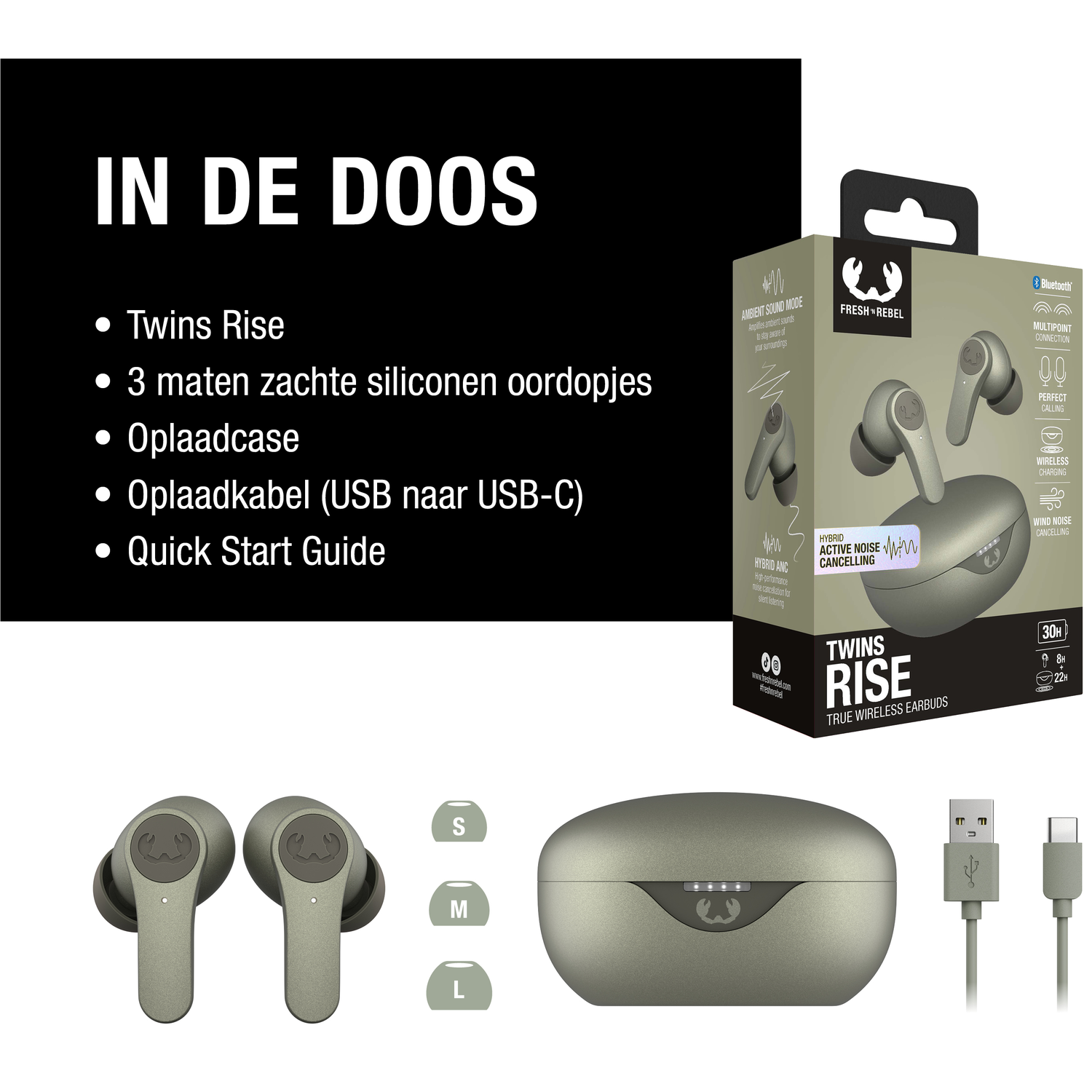 Afbeelding toont oortelefoons, case en oplaadkabel. Tekst vermeldt: oortelefoons, siliconen tips, oplaadcase, kabel en snelstartgids.
