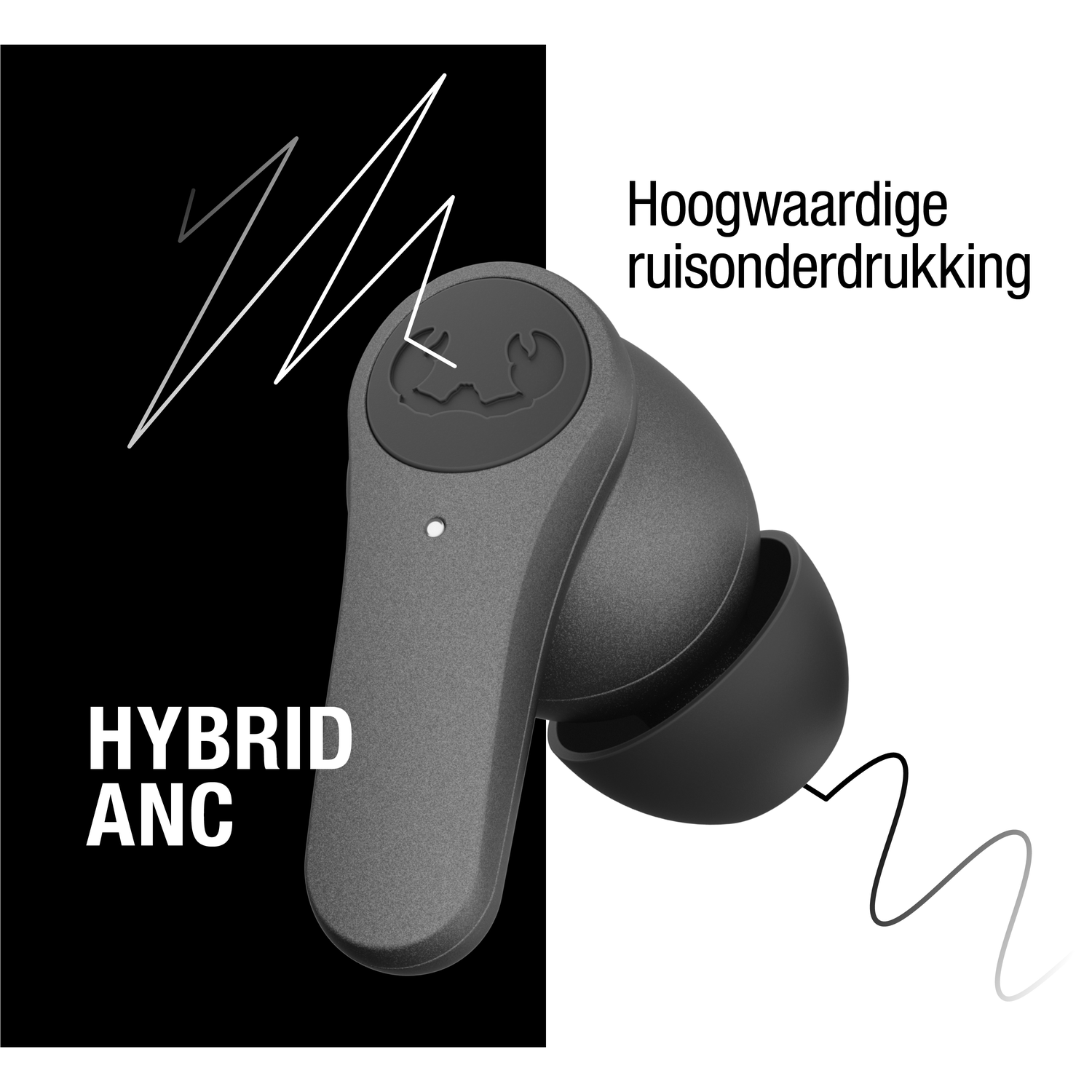 Een grijze oortelefoon met zwarte punt. De tekst luidt "HYBRID ANC" op zwart en "Hoogwaardige ruisonderdrukking" op wit.