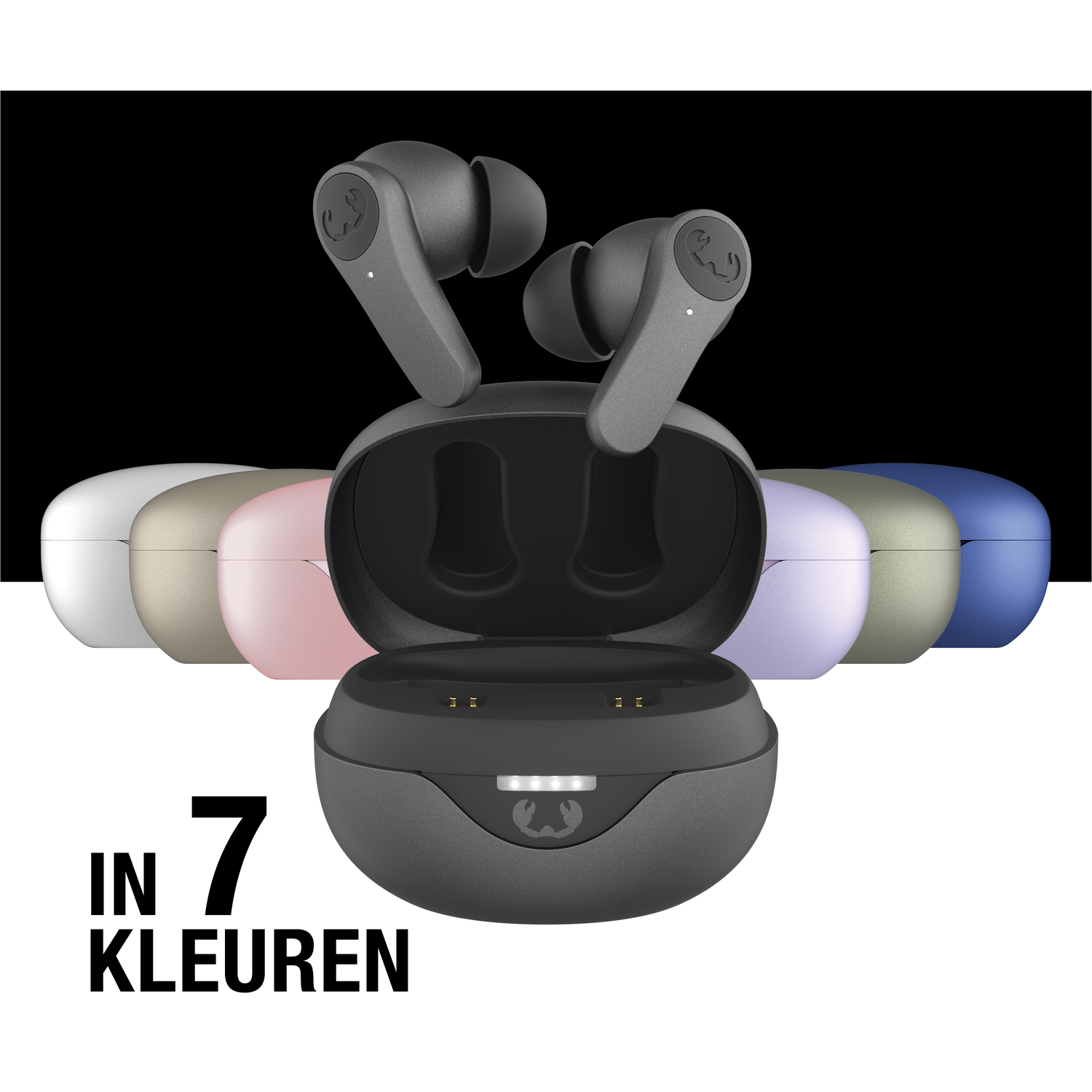 Afbeelding toont draadloze oordopjes in een oplaadcase. 7 gekleurde cases zichtbaar. Twee oordopjes buiten de case. Tekst: 'IN 7 KLEUREN'.