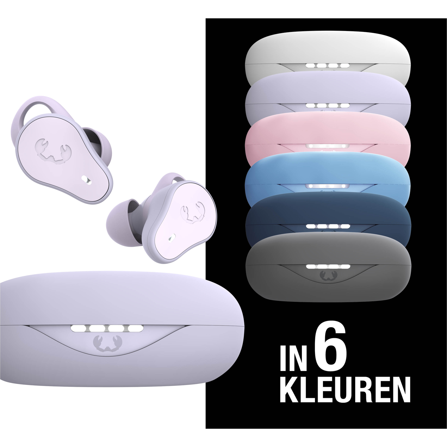 Afbeelding toont oortelefoons en oplaadcases in diverse kleuren. Tekst: 'In 6 kleuren', wat wijst op meerdere kleuropties.