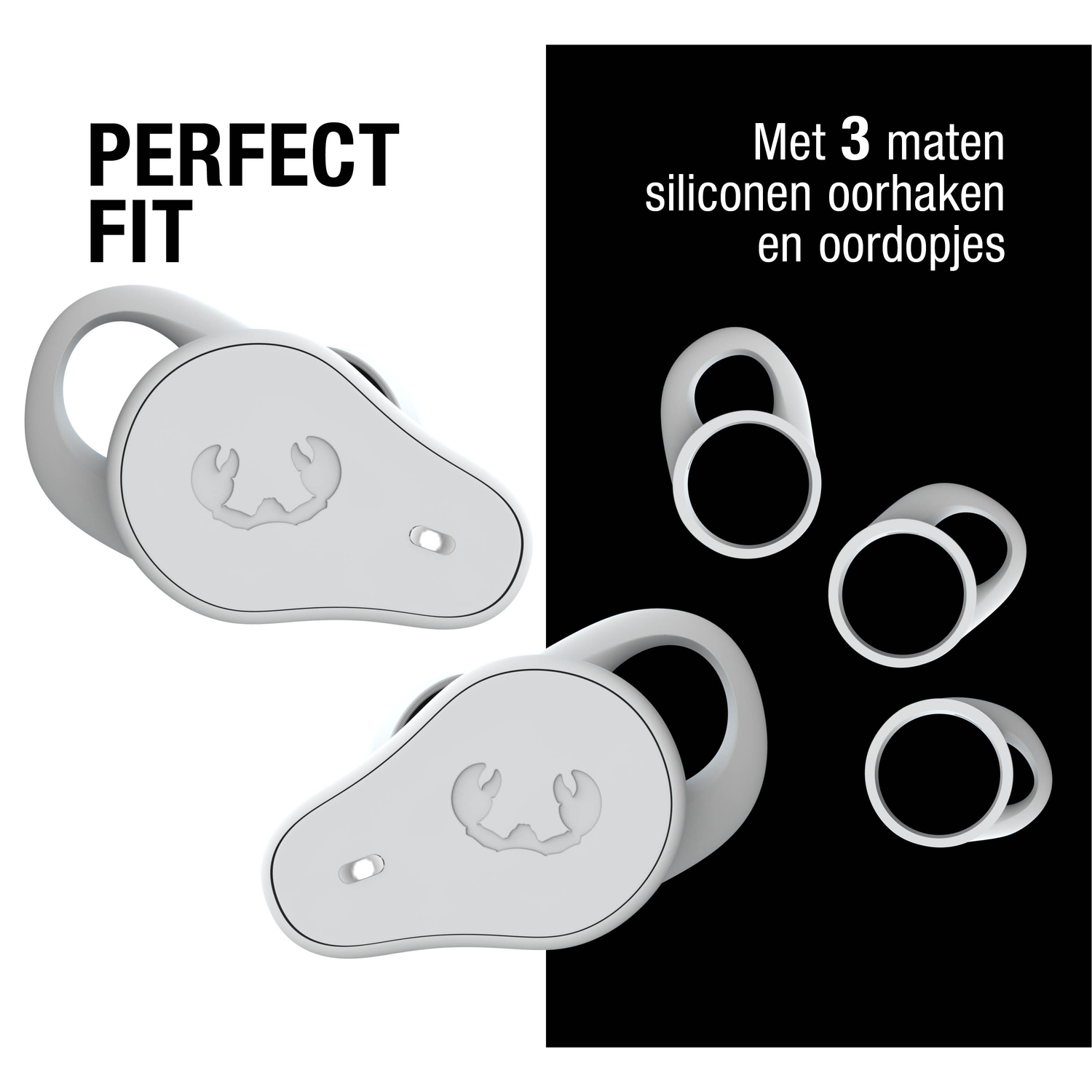 Witte oortelefoons met oorhaken, drie siliconen oordopjes en tekst 'PERFECT FIT'. Nederlandse tekst op zwarte achtergrond.