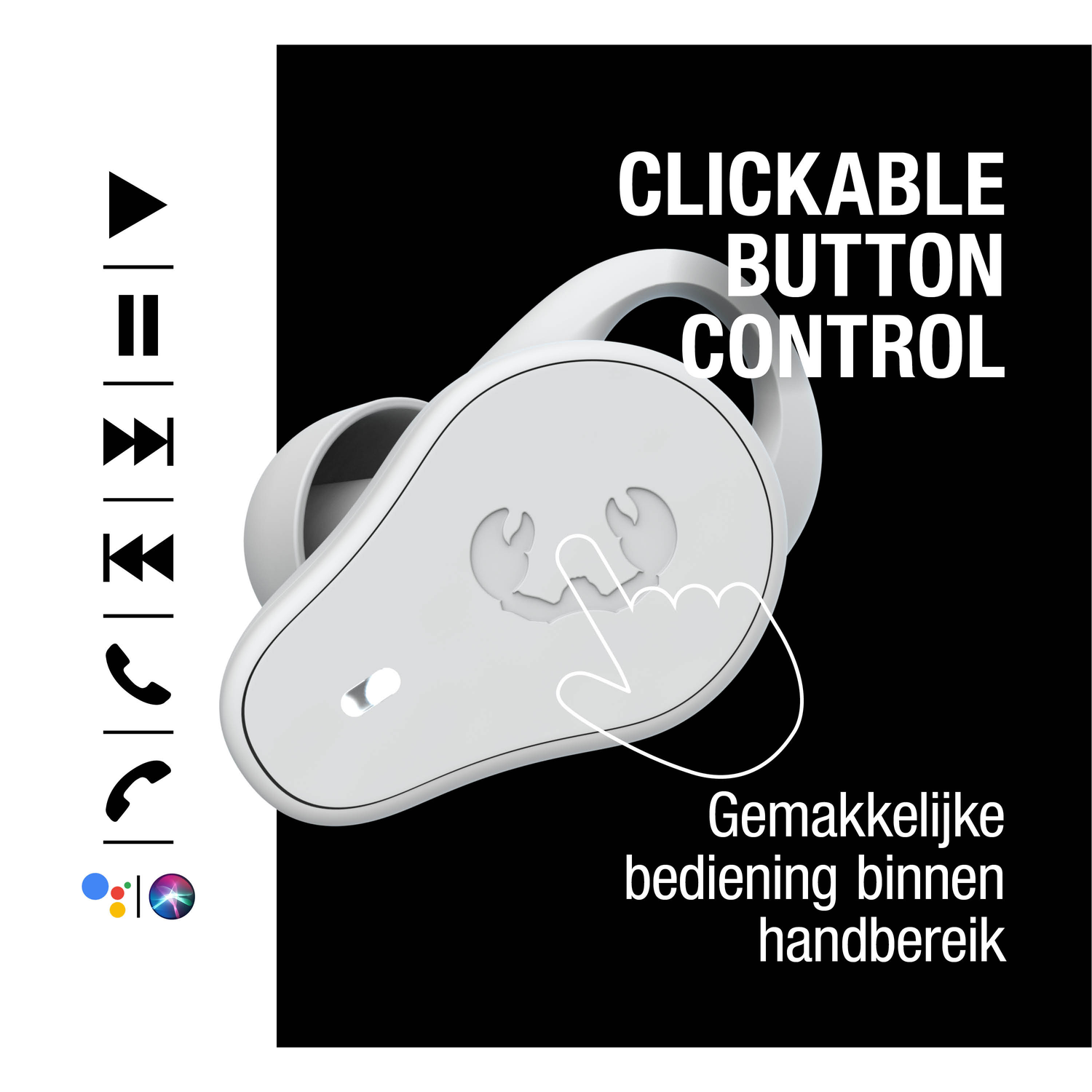 Witte oortelefoon met hand-icoon, tekst 'CLICKABLE BUTTON CONTROL' en Nederlandse tekst over gemakkelijke bediening.