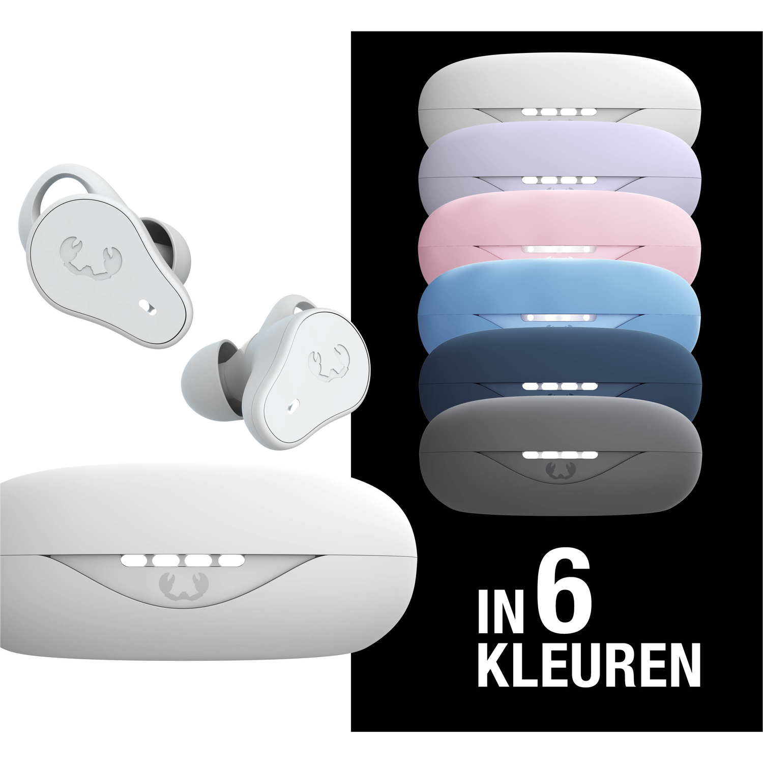 Witte oortelefoons, oplaadcase en zes gekleurde cases: wit, lila, roze, blauw, marine en grijs. Tekst: 'in 6 kleuren'.
