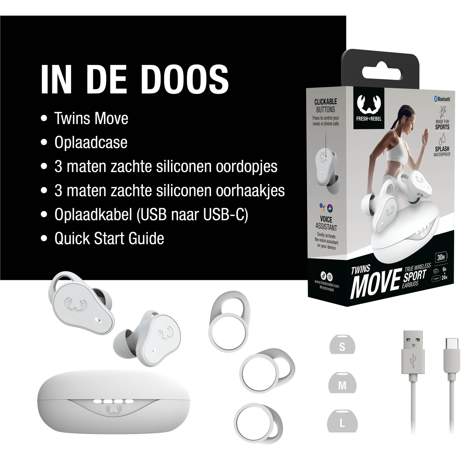 Afbeelding toont draadloze oordopjes, oplaadcase en accessoires. Bevat tekst: Twins Move, Splash Waterproof en Made for Sports.