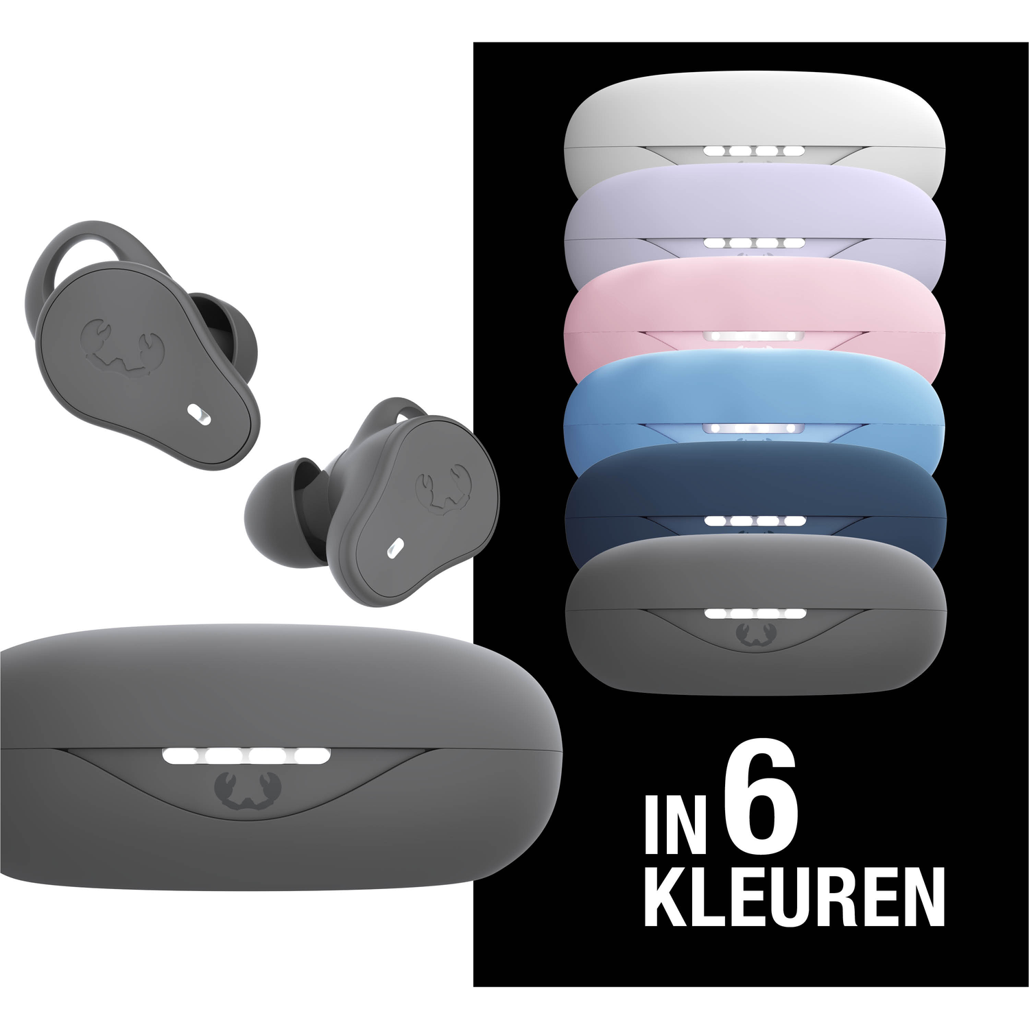 Earbuds and cases in six colors are displayed. The earbuds are gray. The cases are white, purple, pink, blue, navy, and gray.