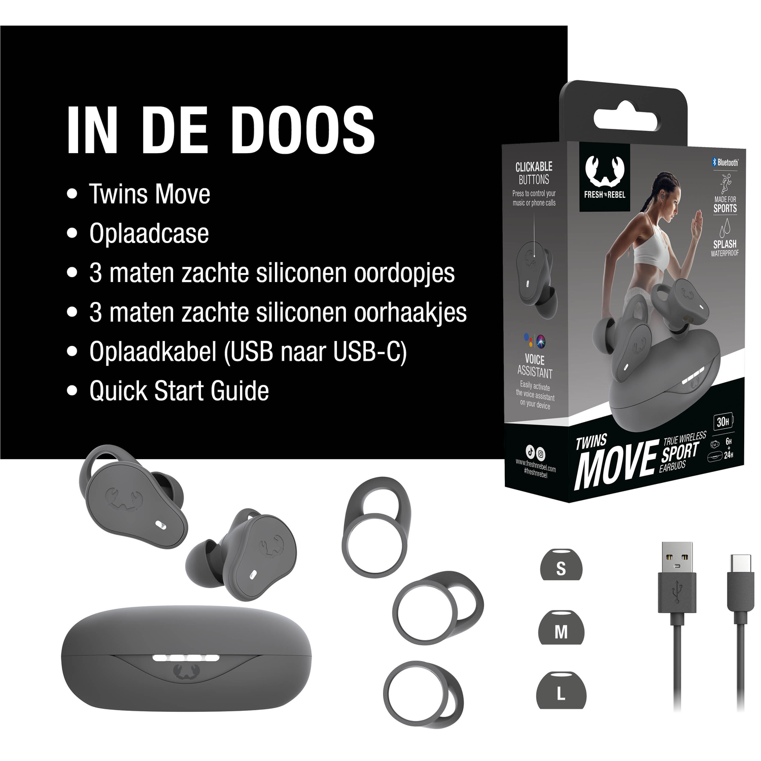 Image shows earbuds, charging case, and accessories. Text lists included items and features such as Bluetooth and waterproof.