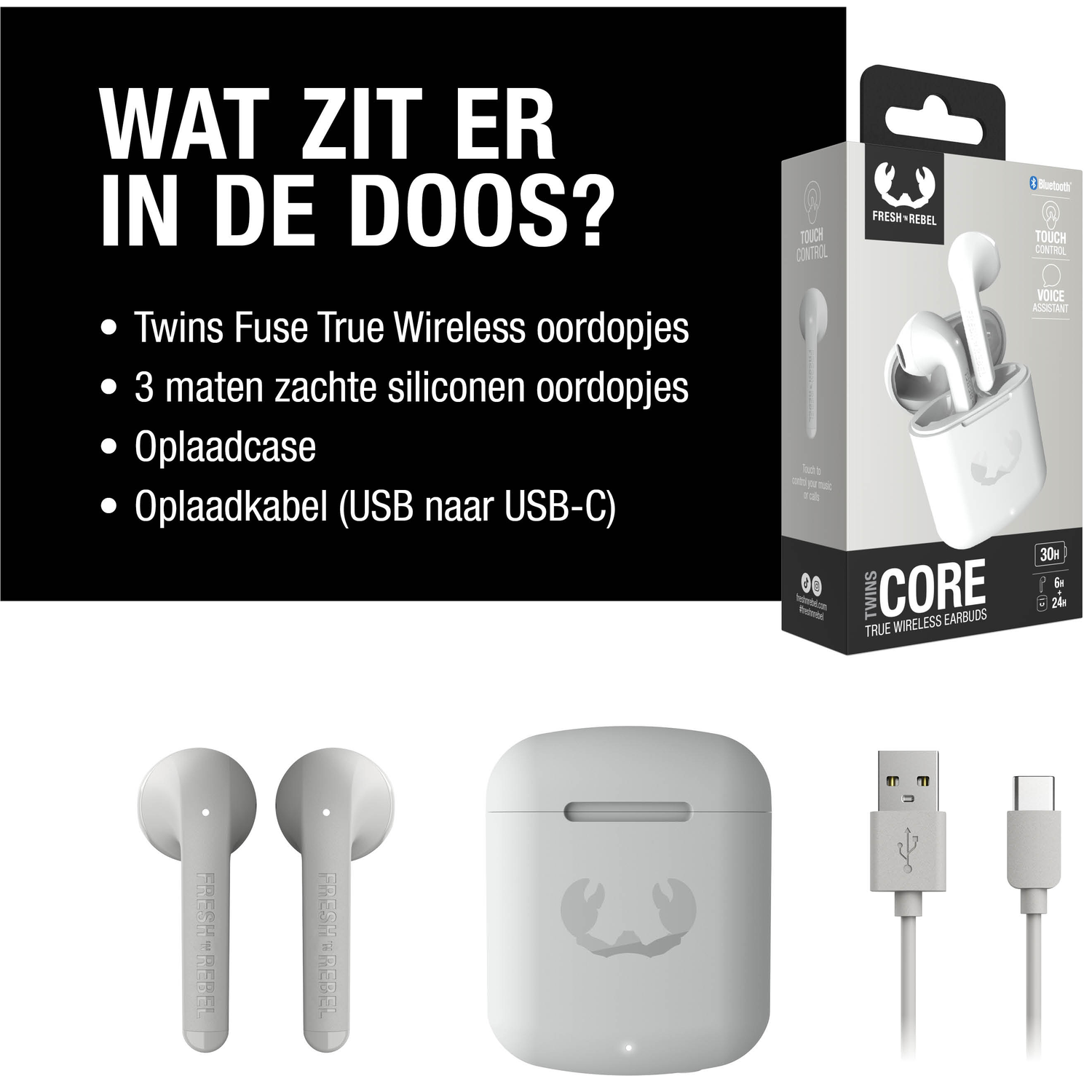 Image shows white Fresh 'n Rebel earbuds, charging case, and USB cables. Text lists included items: earbuds, silicone tips, case, and cable.