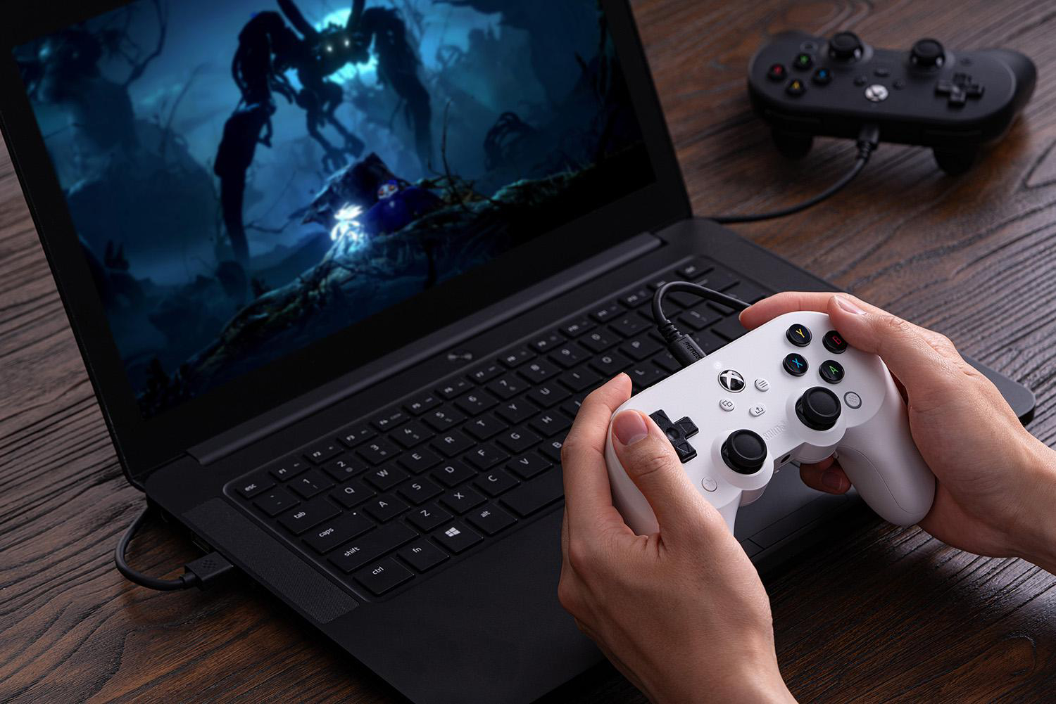 Eine Person hält einen weißen Gamecontroller, der mit einem Laptop verbunden ist, auf dem eine Spielszene zu sehen ist. Ein weiterer Controller befindet sich im Hintergrund.