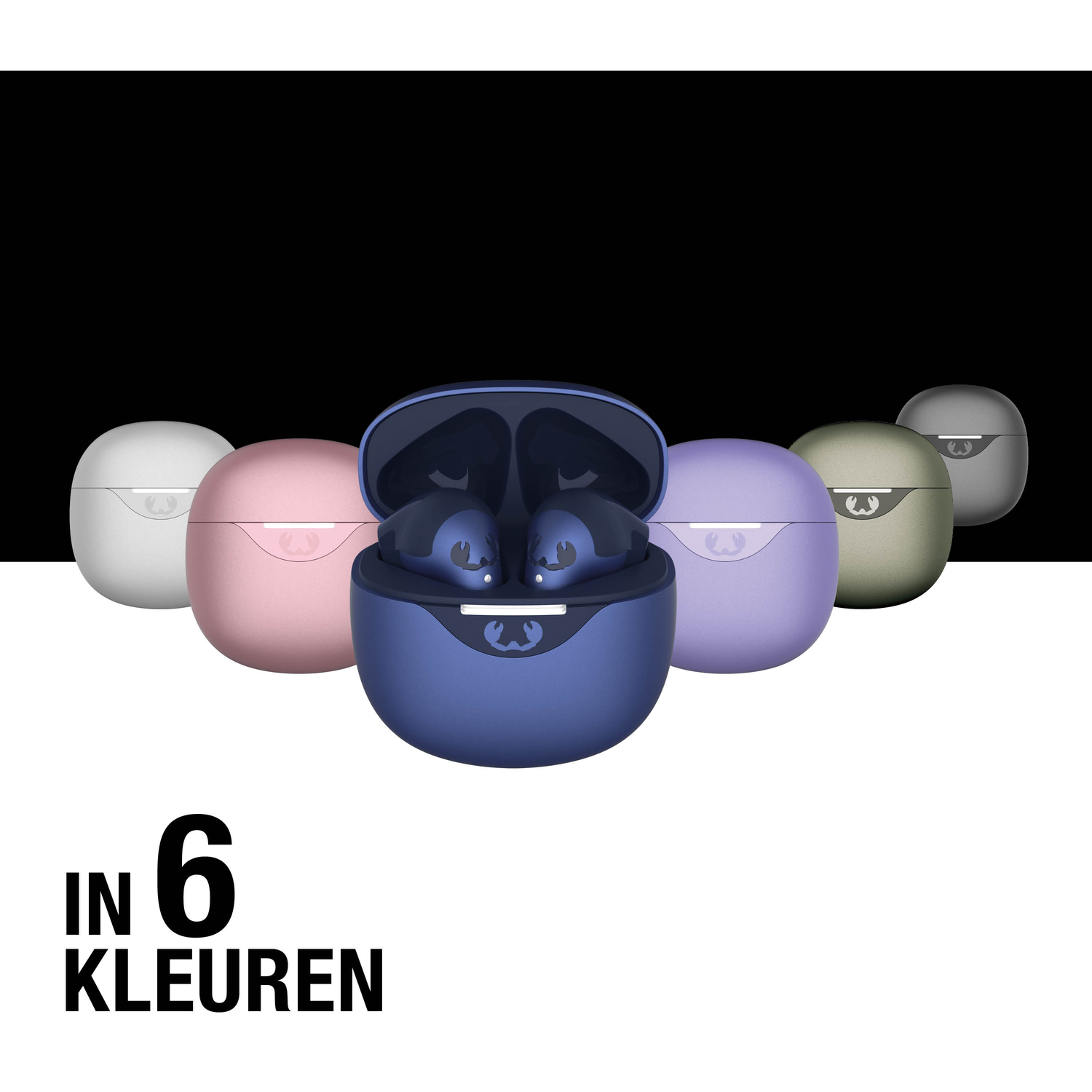 Six pairs of colorful earbuds in cases are arranged in a row. One case is open, revealing the earbuds inside. Text at the bottom.