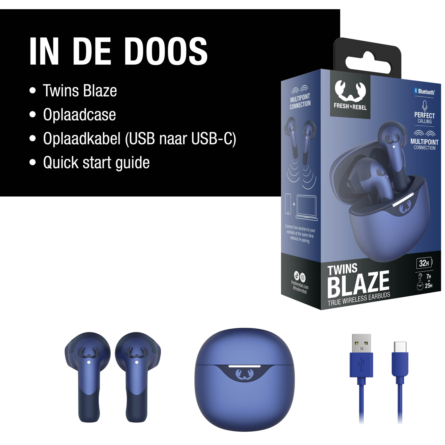 Image shows Twins Blaze earbuds, charging case, and cable. Packaging lists features and contents, with a black background.