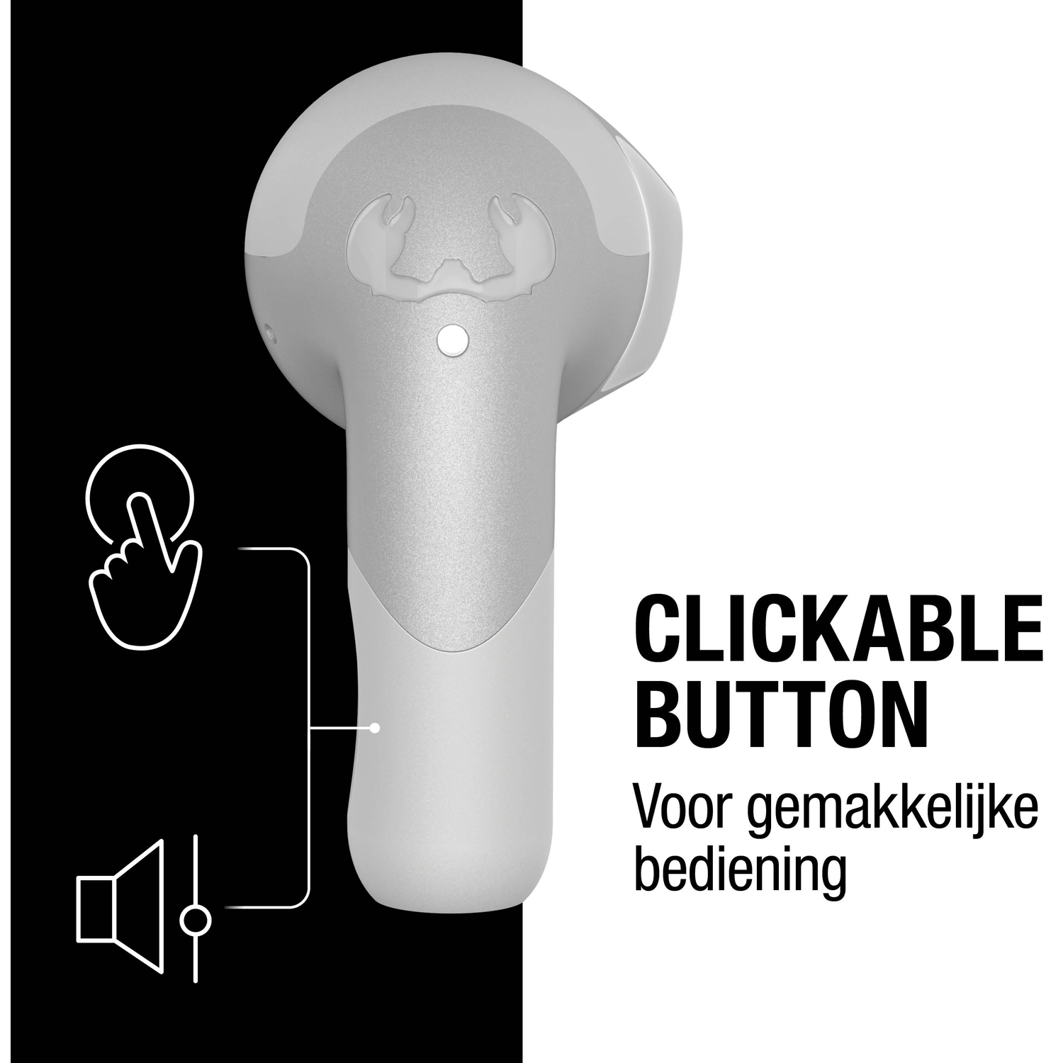 A white earbud with a clickable button. Text reads: Clickable Button, and Voor gemakkelijke bediening (For easy operation).