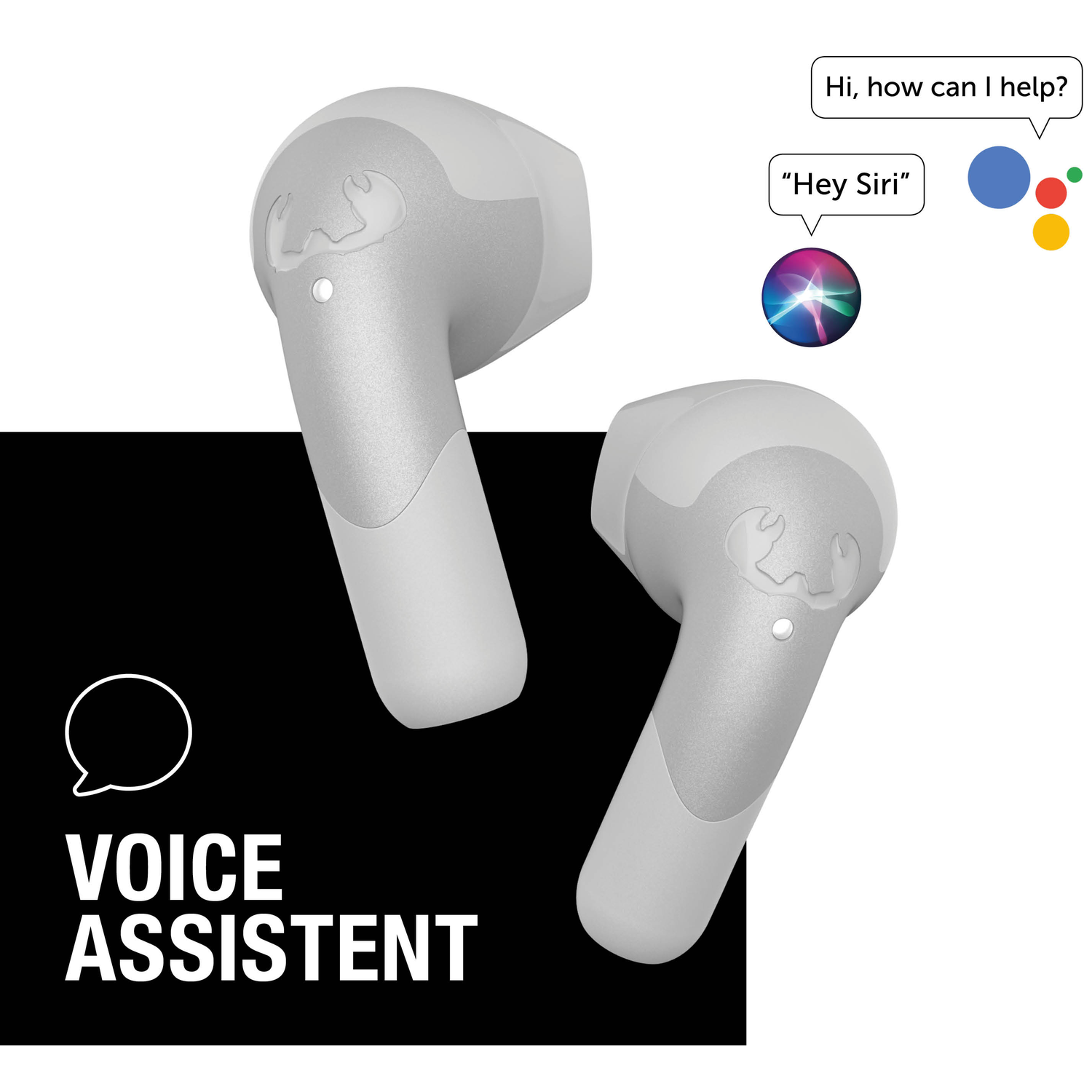 Two white wireless earbuds. Text: Voice Assistant, Hey Siri, Hi how can I help? Siri logo and colored dots are also present.