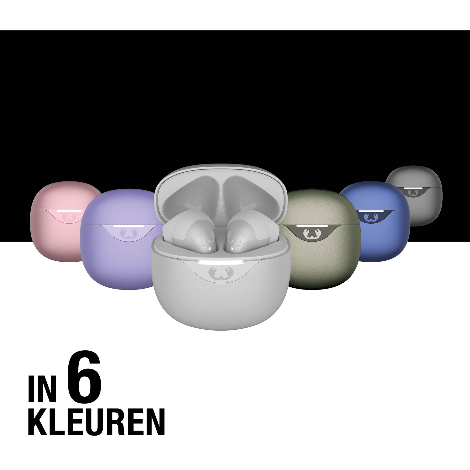 Image shows earbuds in six colors: pink, purple, grey, green, blue, and grey. A case is open, showing the earbuds inside.