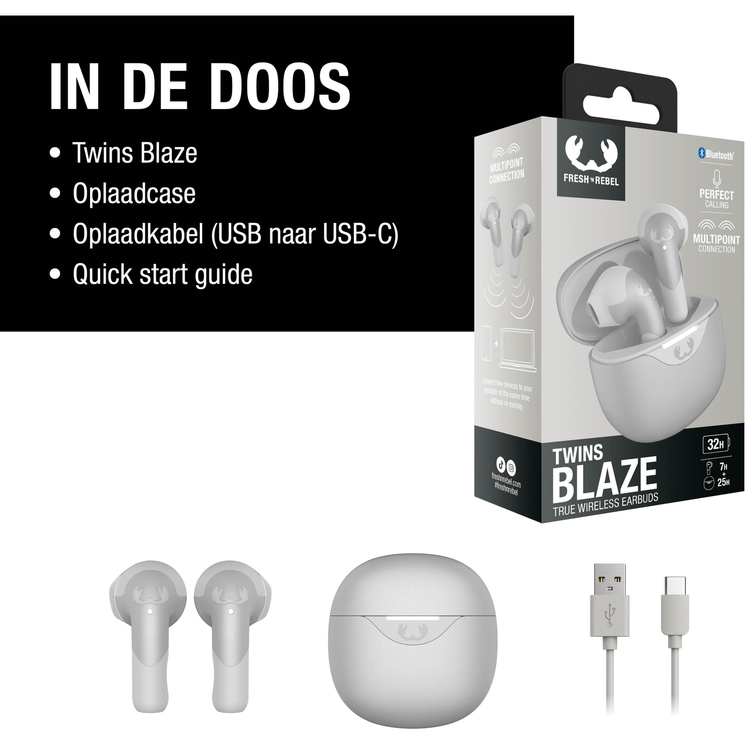 Image shows earbuds, charging case, and USB cable. The box says 'Twins Blaze' and 'True Wireless Earbuds'.