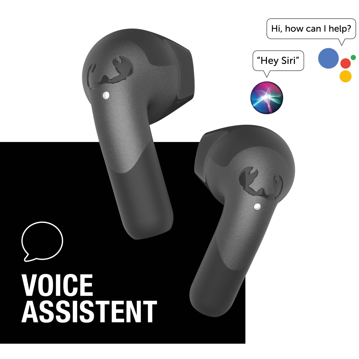 Twee donkergrijze oortelefoons, spraakassistent-afbeelding en Siri-ballon. Tekst luidt: Spraakassistent, met tekstballonnen: Hé Siri en Hallo, hoe kan ik helpen?