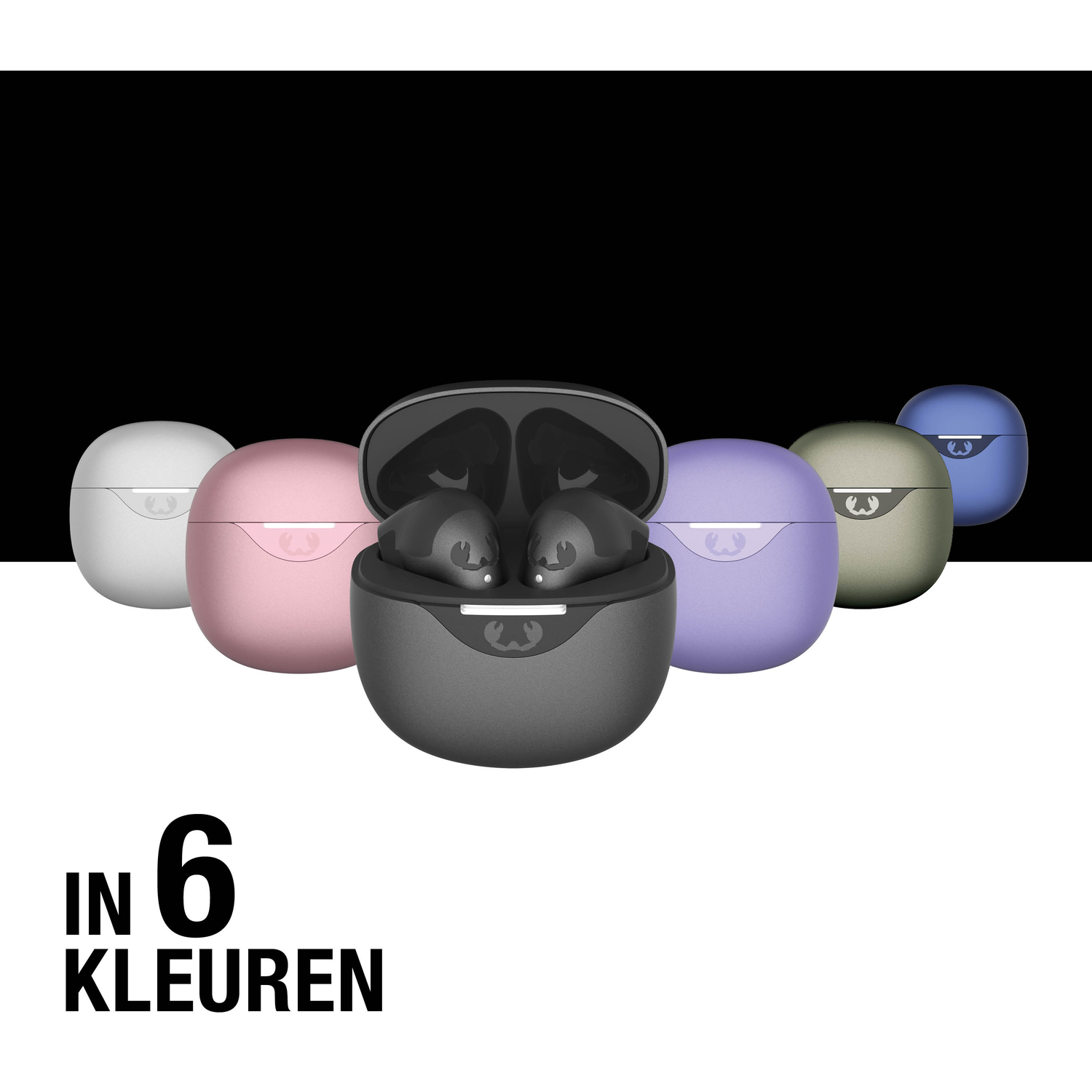 Oordopjes in zes kleuren: wit, roze, grijs, paars, olijfgroen en blauw. Open hoesje toont oordopjes.