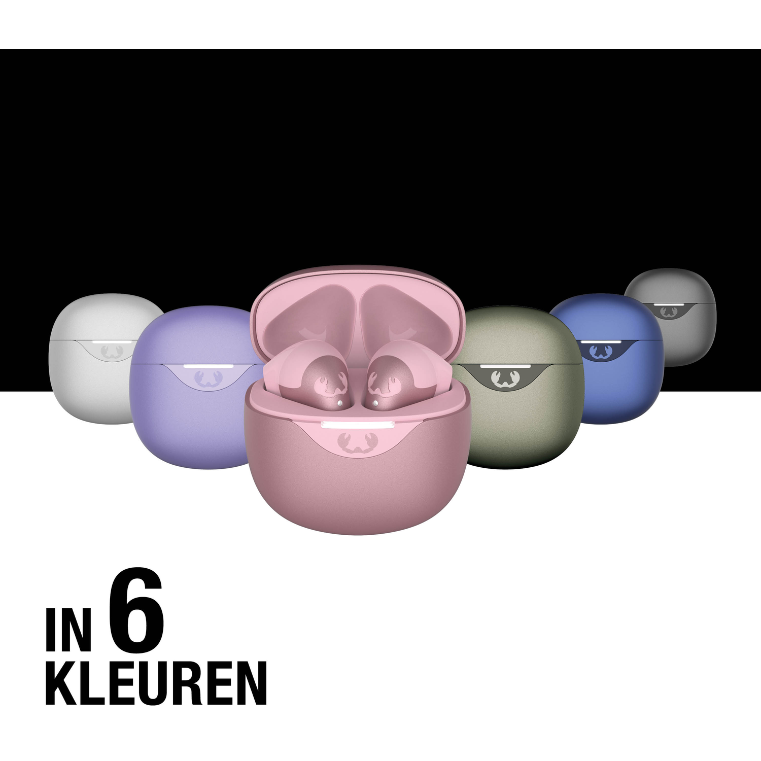 Six earbuds in different colors, including pink, purple, green, blue, and gray, are displayed. The text 'IN 6 KLEUREN' is visible.