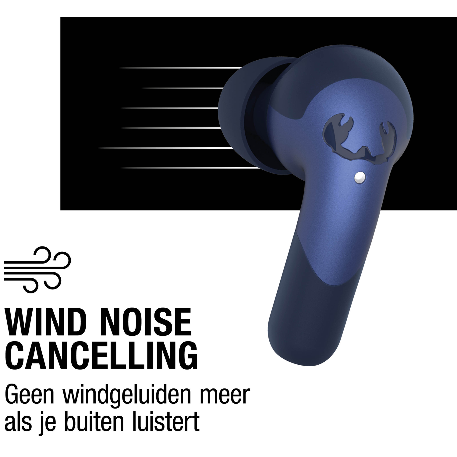 Blue earbud with logo. Text: Wind noise cancelling. No wind noise when listening outside.