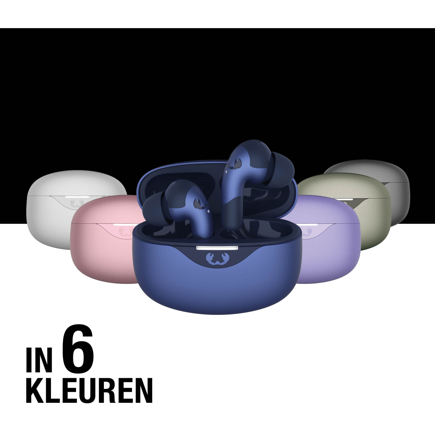 Image shows six different colored earbuds and their cases. The text at the bottom says 'In 6 Kleuren' (In 6 Colors).