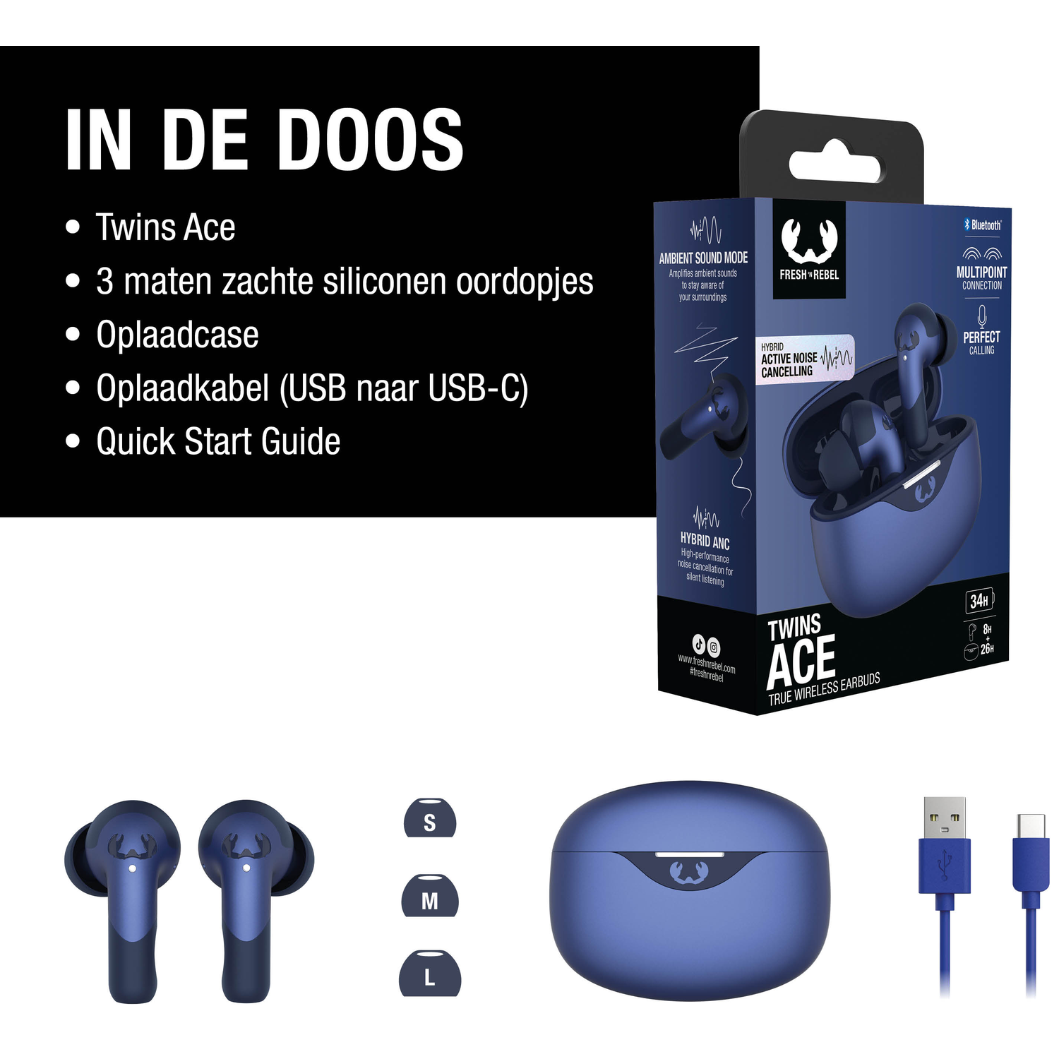 Image shows Twins Ace earbuds, charging case, USB cable, and accessories, along with product details and features on the box.