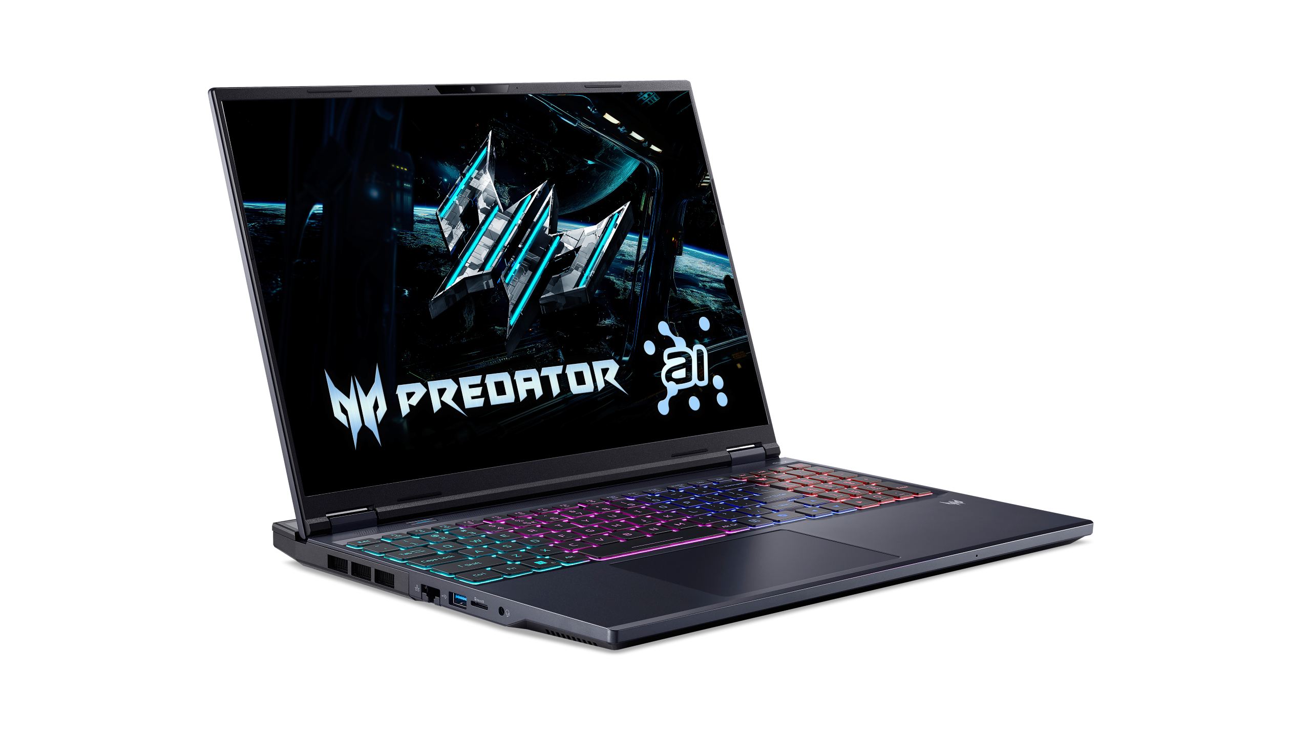 Ein dunkler Laptop ist geöffnet und zeigt das Predator-Logo auf dem Bildschirm. Die Tastatur hat farbige Beleuchtung. Der Hintergrund ist schwarz.