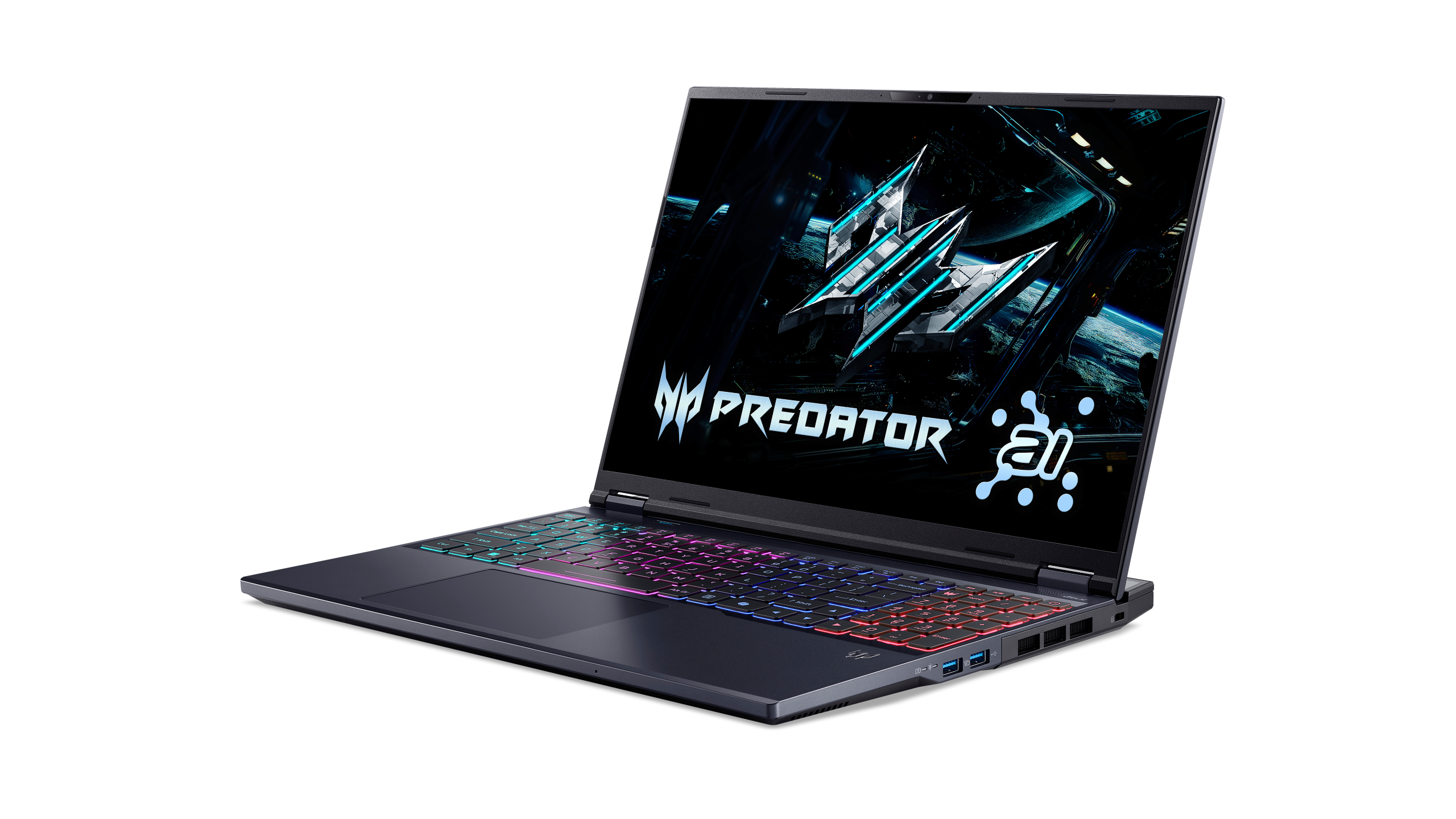 Ein Predator-Laptop vor schwarzem Hintergrund. Der Bildschirm zeigt ein Logo. Die Tastatur ist mehrfarbig beleuchtet.