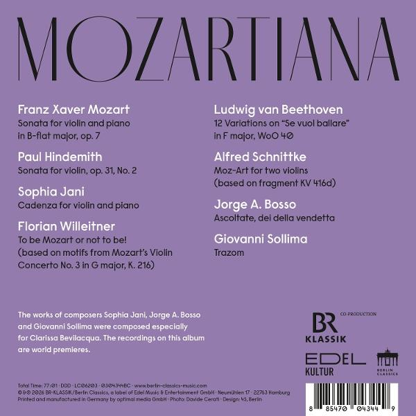 Albumcover: Mozartiana. Listet Komponisten und Werke auf, darunter Mozart, Beethoven und Schnittke, mit einem BR Klassik Logo.