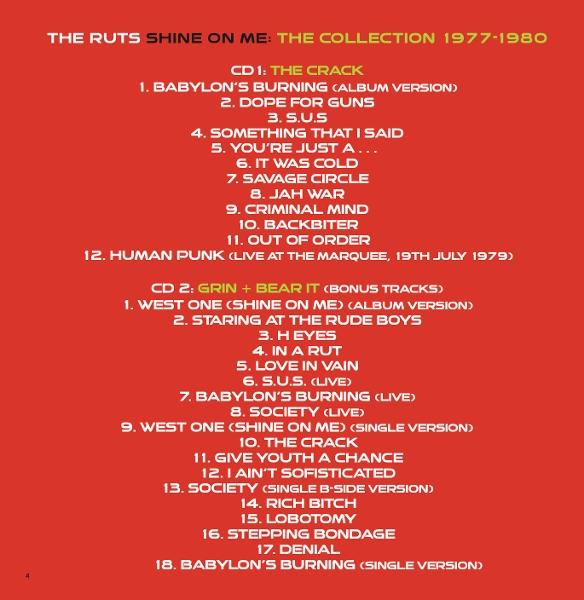 Albumcover: The Ruts 'Shine on Me' Kollektion. Roter Hintergrund, weißer Text listet Tracks von zwei CDs.