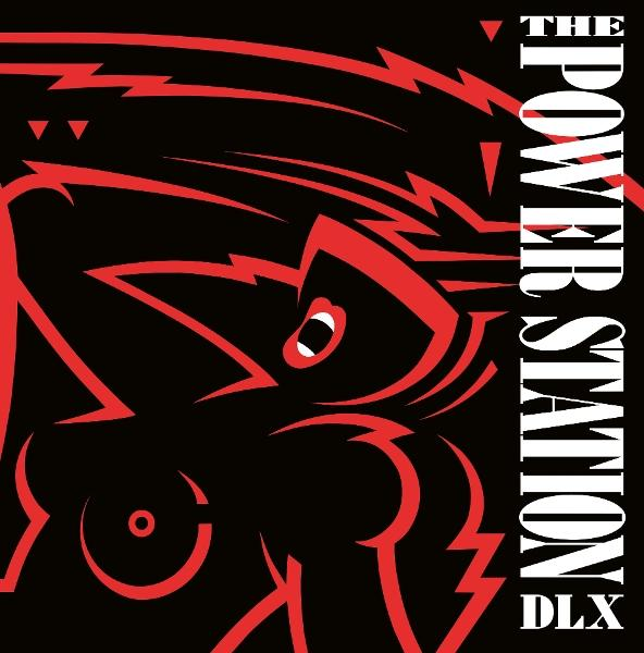 Rote abstrakte Kunst auf schwarzem Hintergrund. Enthält Linien und Formen, die eine Figur darstellen, mit dem Text "THE POWER STATION DLX".