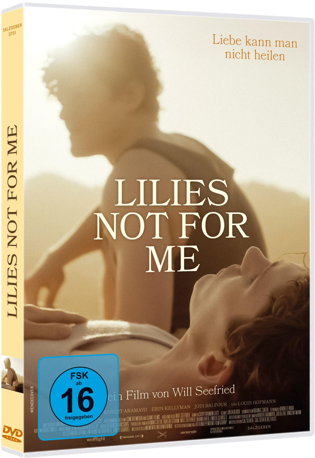 Filmcover: Zwei Personen, eine liegend, die andere dahinter, Titel: Lilien nicht für mich. Text: Liebe kann man nicht heilen.