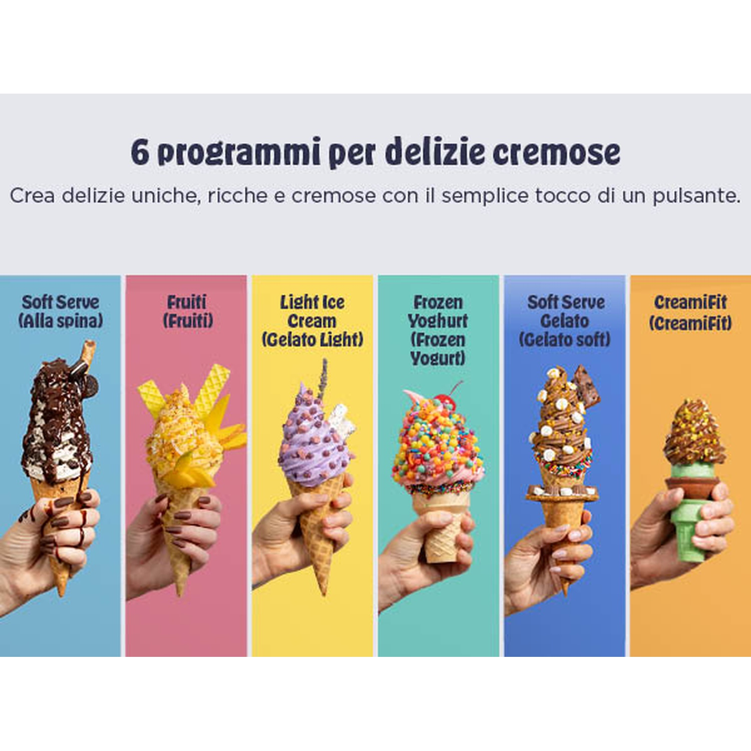 L'immagine mostra sei coni gelato con diversi condimenti e gusti, tenuti in mano. Ogni cono è su uno sfondo colorato.
