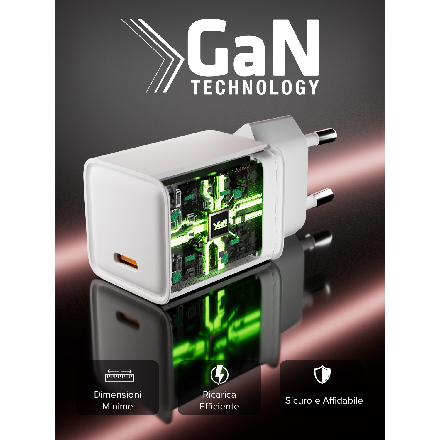 Caricatore bianco con tecnologia GaN e circuito interno verde. Testo: GaN TECHNOLOGY. Icone: dimensioni, ricarica efficiente, sicuro e affidabile.