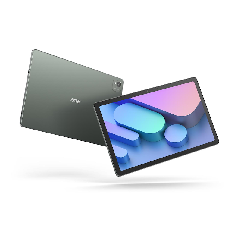 Two Acer tablets. One shows the back, green, Acer logo. The other shows a colorful abstract image on the screen.