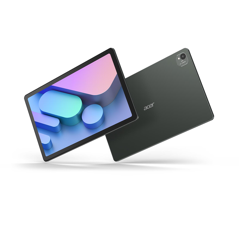 Two Acer tablets, one with a colorful abstract display, the other dark gray with a camera. Both floating against a white backdrop.