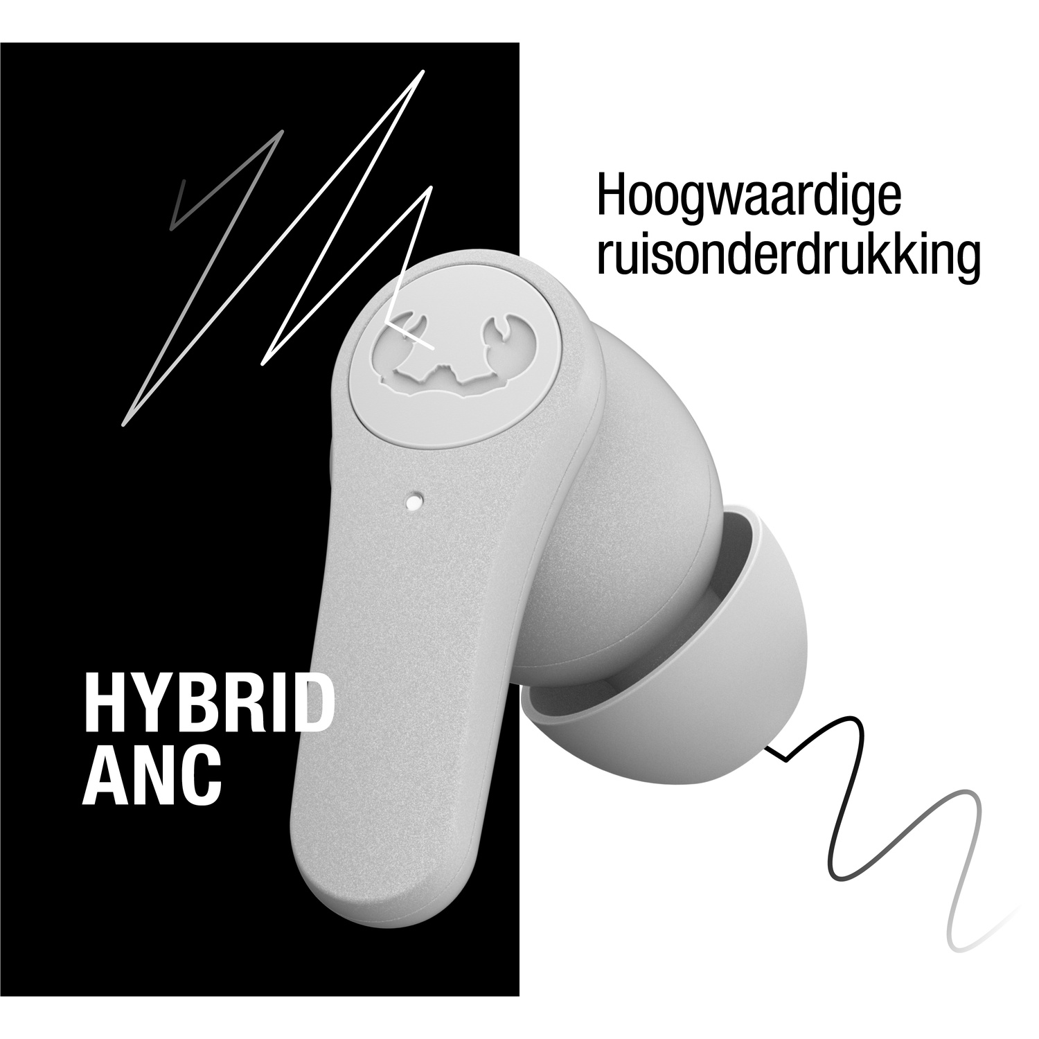 Een grijze oortelefoon met een krablogo, tekst 'HYBRID ANC' en 'Hoogwaardige ruisonderdrukking' op zwarte en witte achtergronden.