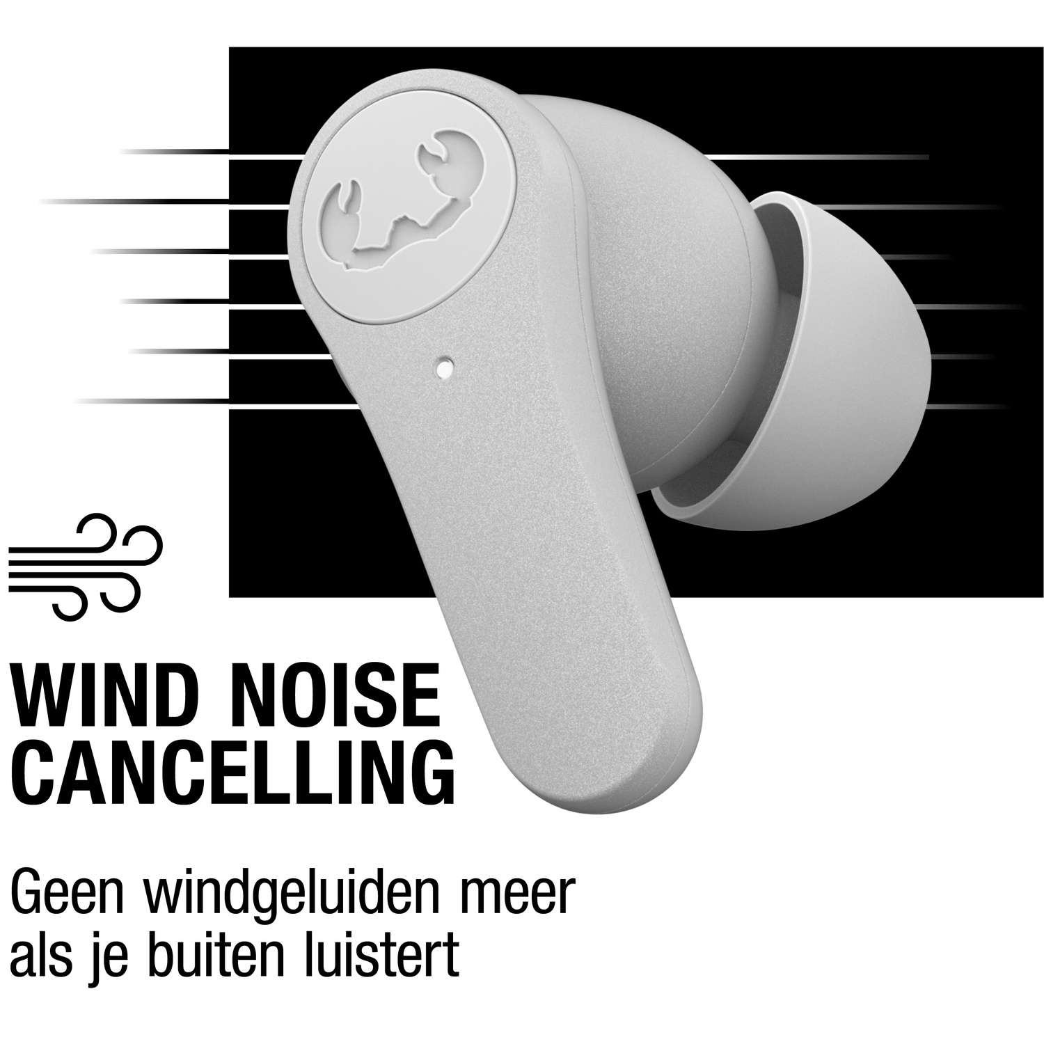 Een witte oortelefoon met logo, tekst 'WIND NOISE CANCELLING' en Nederlandse tekst.