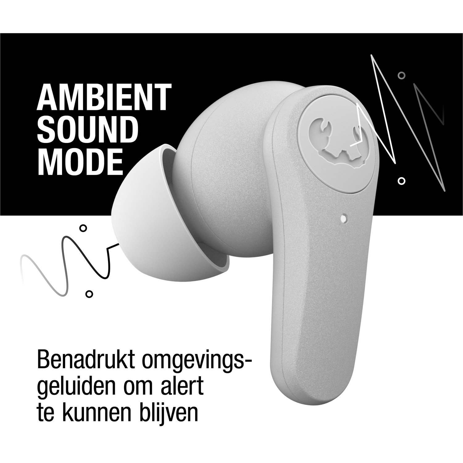 Een witte oortelefoon met een logo, tekst 'AMBIENT SOUND MODE' en een lijntekening. Tekst hieronder zegt: 'Benadrukt omgevingsgeluiden om alert te blijven'.