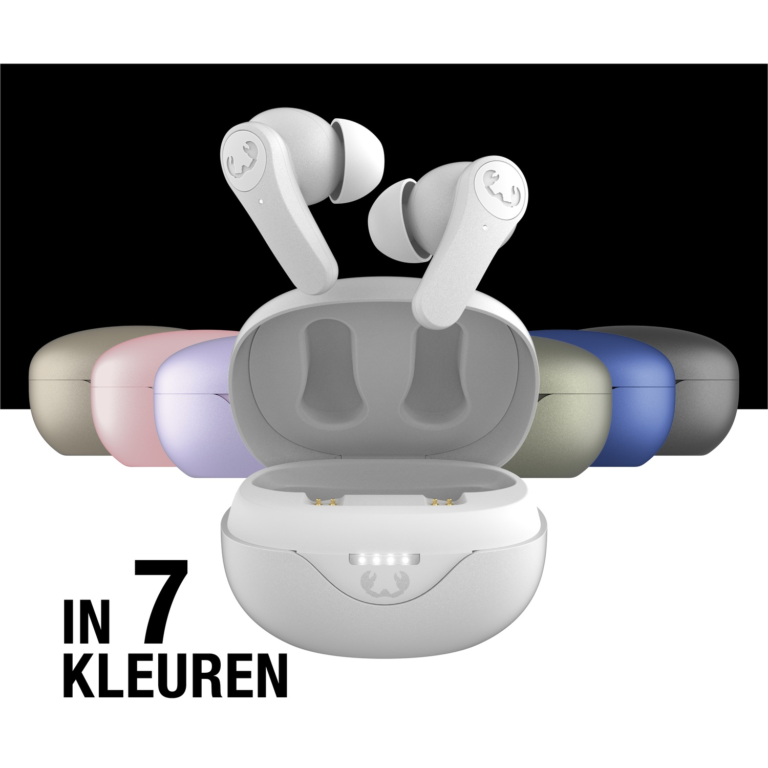 Witte oordopjes met oplaadcase, verkrijgbaar in 7 kleuren. Oordopjes in de case, tekst 'in 7 kleuren' zichtbaar.