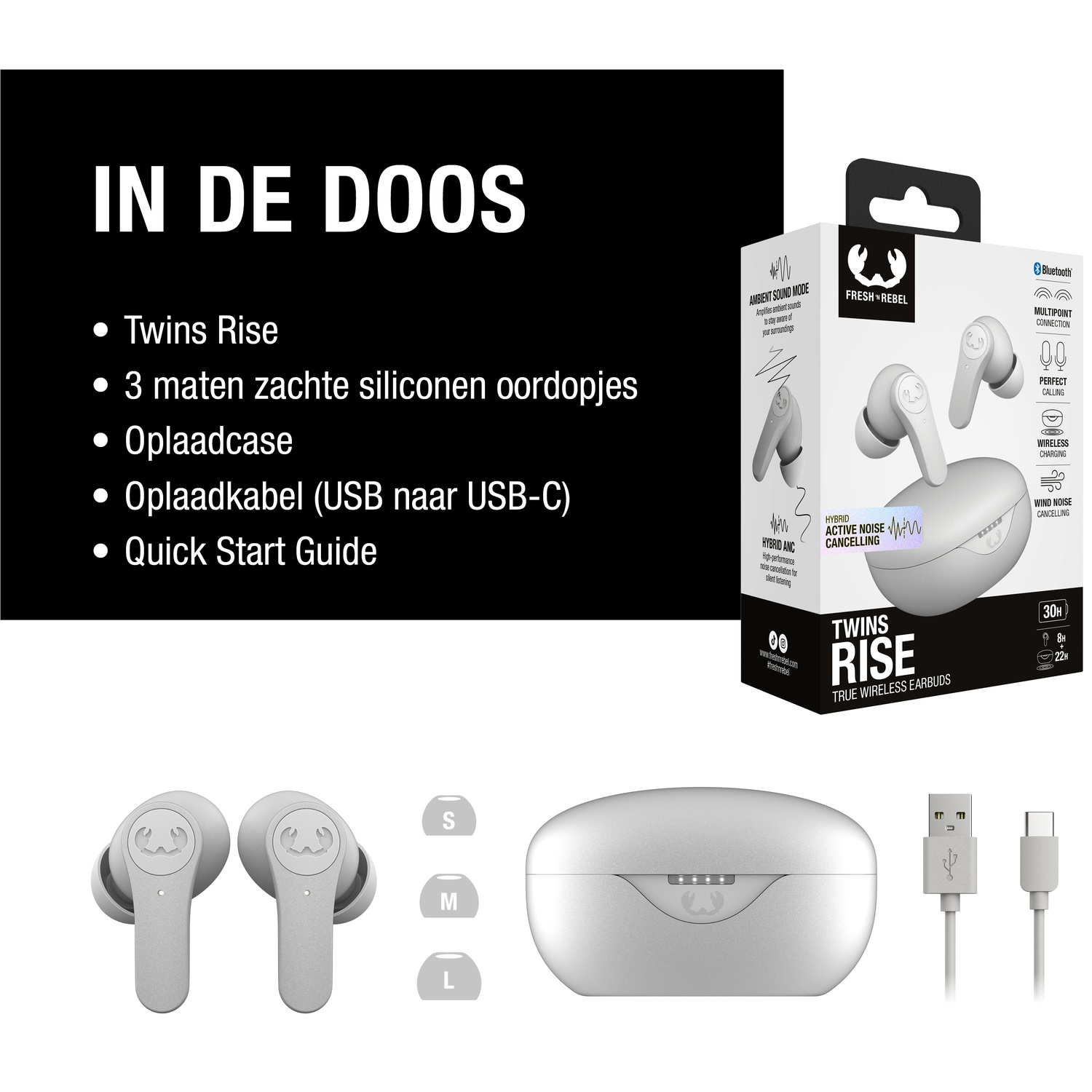 Afbeelding toont draadloze oordopjes, oplaadcase en USB-kabels. Tekst bevat 'Twins Rise' en functies zoals ruisonderdrukking.