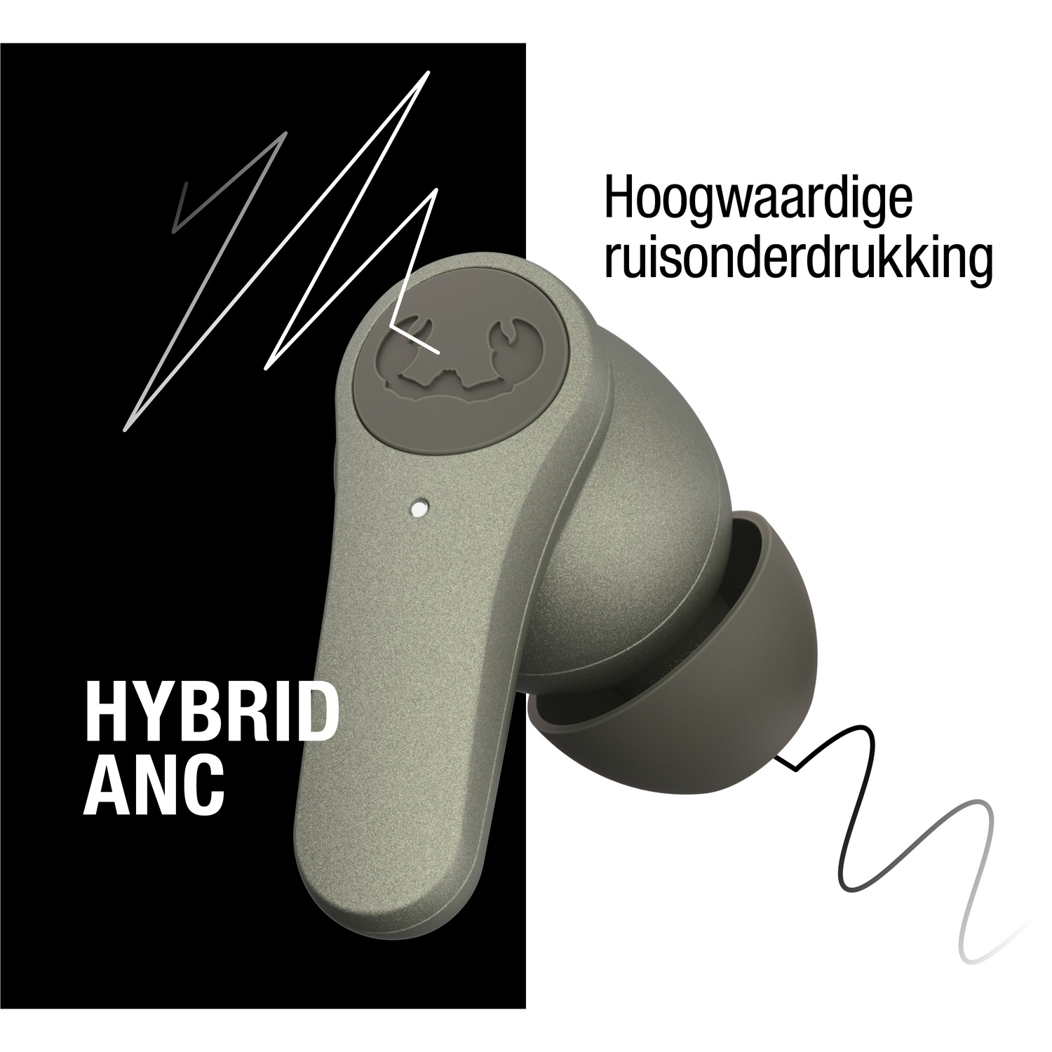 Een oortelefoon met de tekst 'HYBRID ANC' op een zwarte achtergrond. De tekst 'Hoogwaardige ruisonderdrukking' is ook zichtbaar.