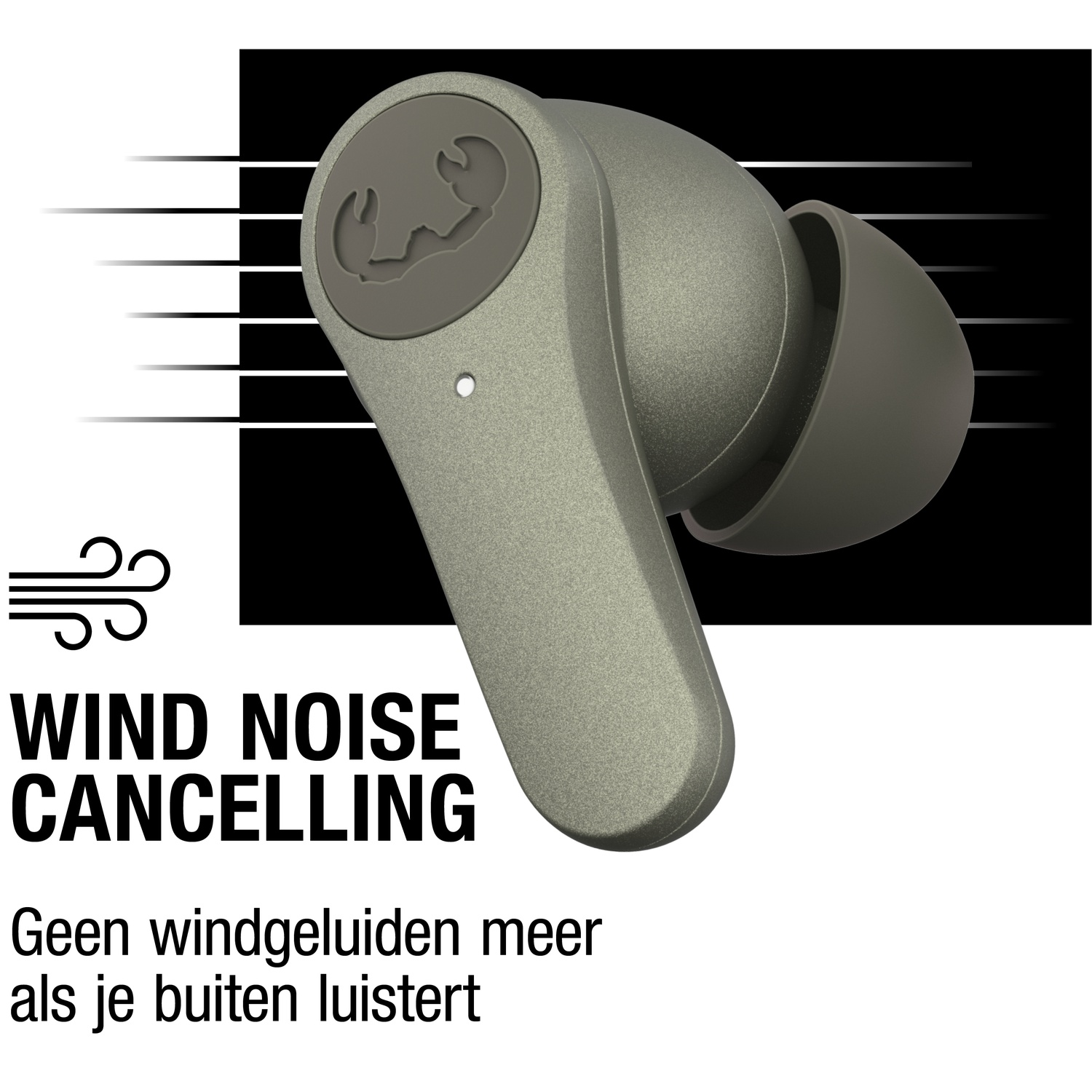 Een olijfgroene oortelefoon met logo, tekst 'WIND NOISE CANCELLING' en Nederlandse tekst. Zwarte achtergrond en witte lijnen.