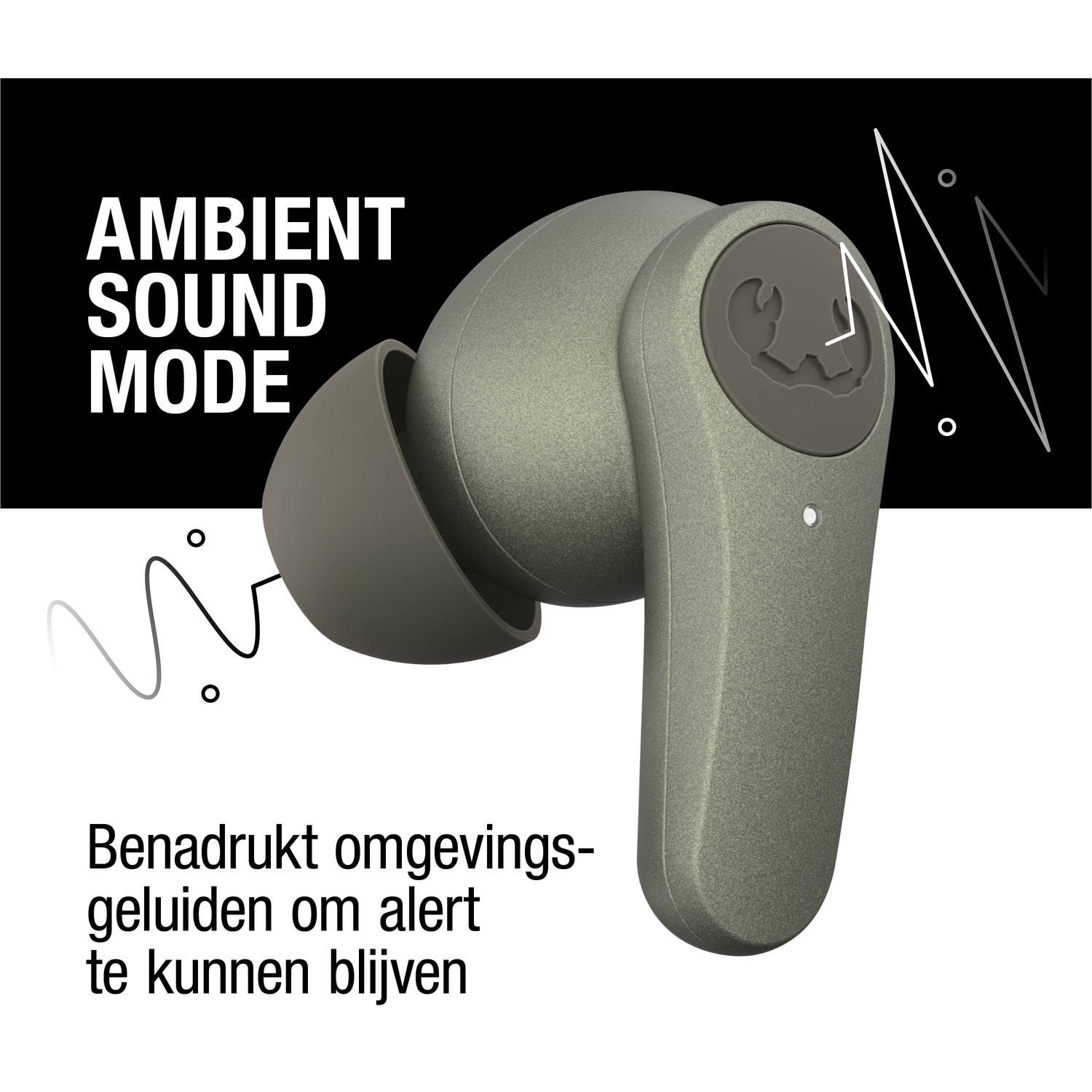 Een oortelefoon met tekst 'AMBIENT SOUND MODE'. Daaronder tekst in het Nederlands: 'Benadrukt omgevingsgeluiden om alert te kunnen blijven'.