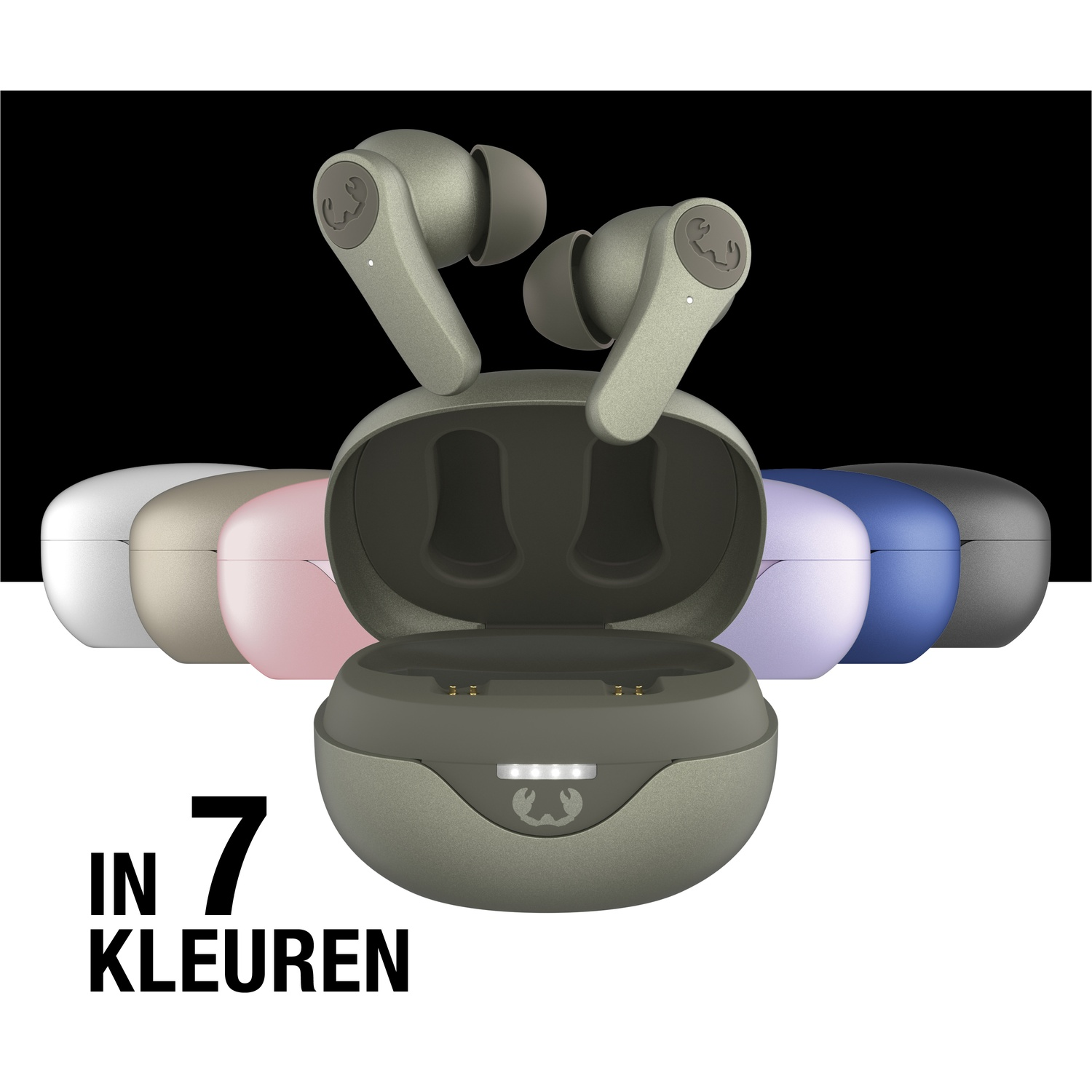 Oordopjes en oplaadcase in verschillende kleuren. Tekst: 'IN 7 KLEUREN'.
