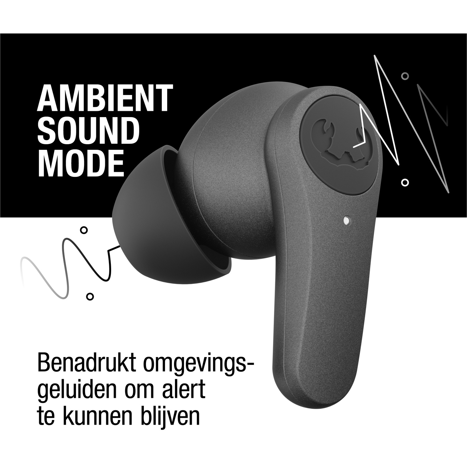 Zwarte oordop met tekst 'AMBIENT SOUND MODE'. Ontwerp met logo, witte zigzag en Nederlandse tekst.