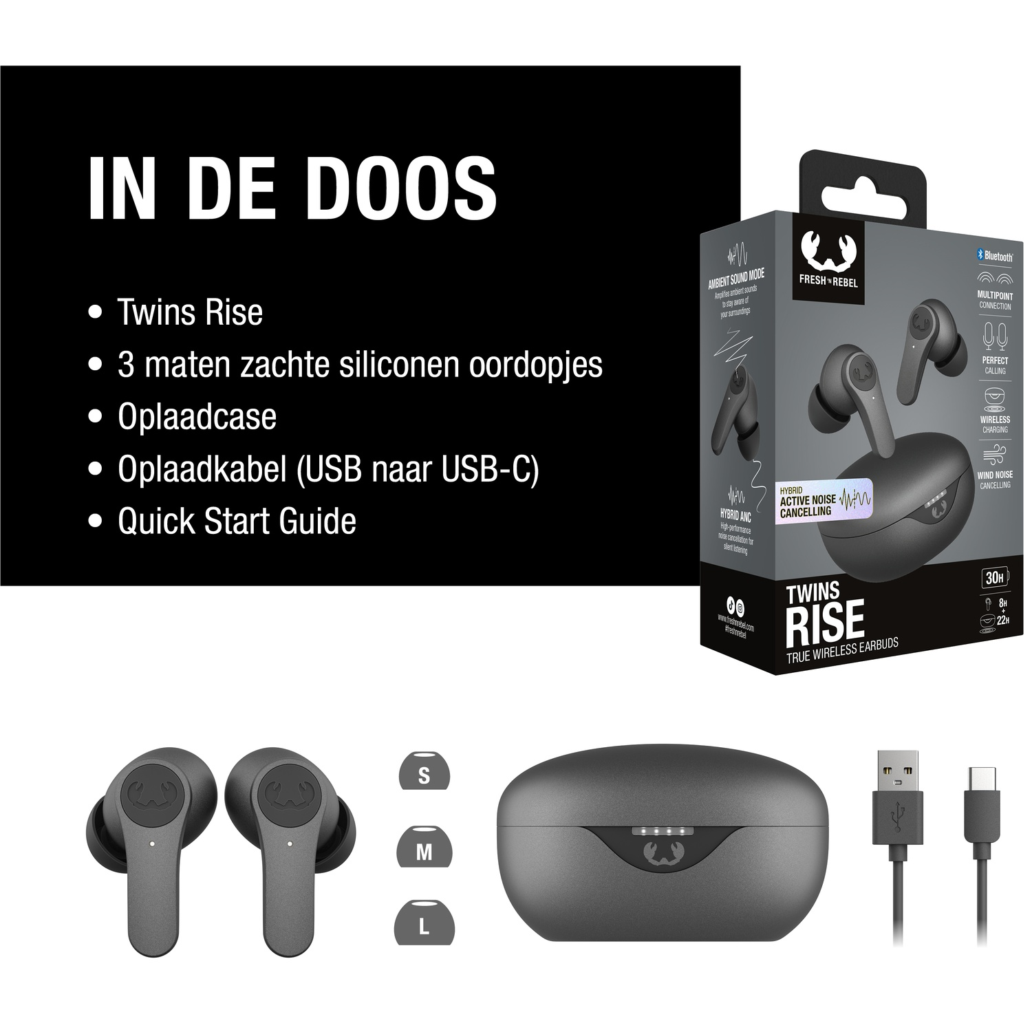 Afbeelding toont Twins Rise oordopjes met case, USB-kabel en oordopjes. Doos vermeldt functies: ANC, omgevingsgeluid, perfect bellen.