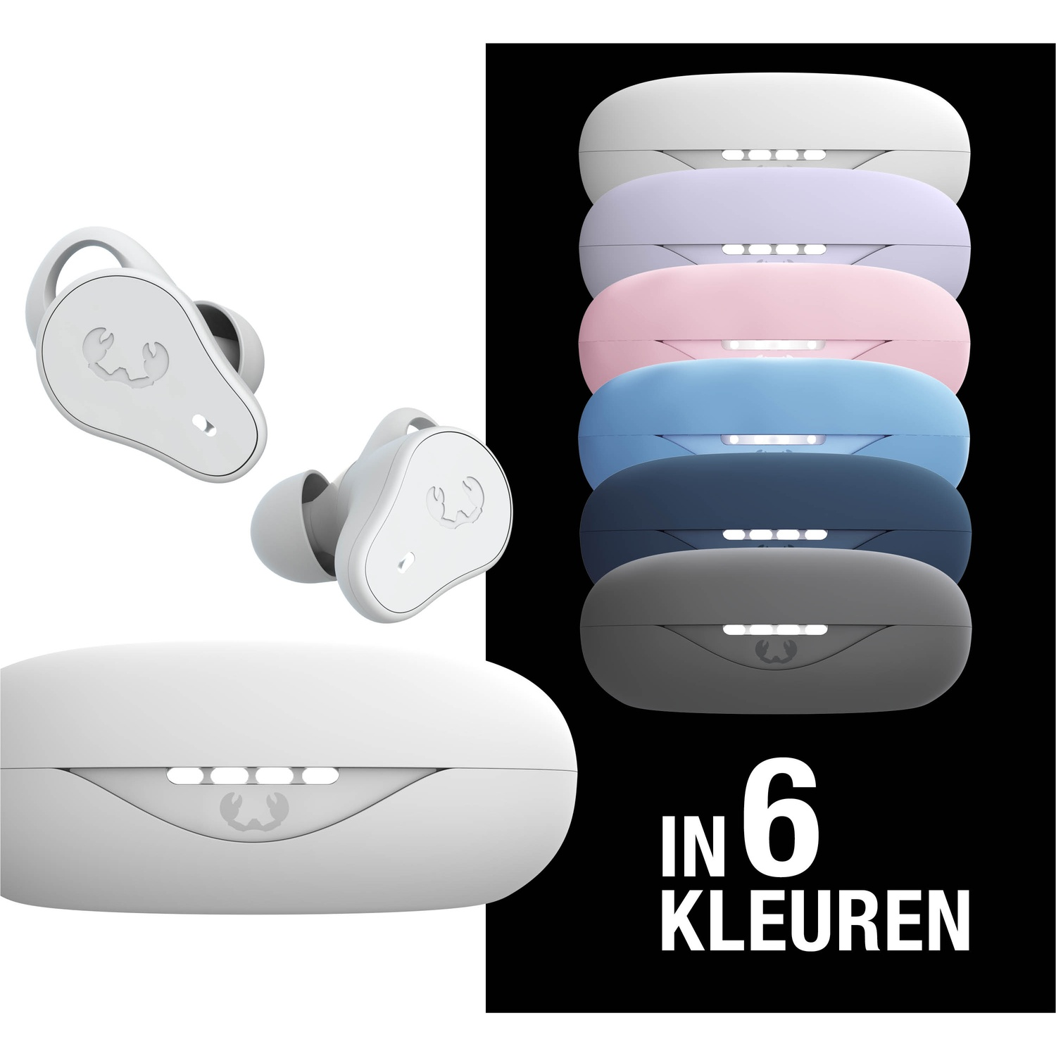 Witte oortelefoons, oplaadcase en zes gekleurde cases: wit, lavendel, roze, blauw, marineblauw en grijs. Tekst: 'IN 6 KLEUREN'.