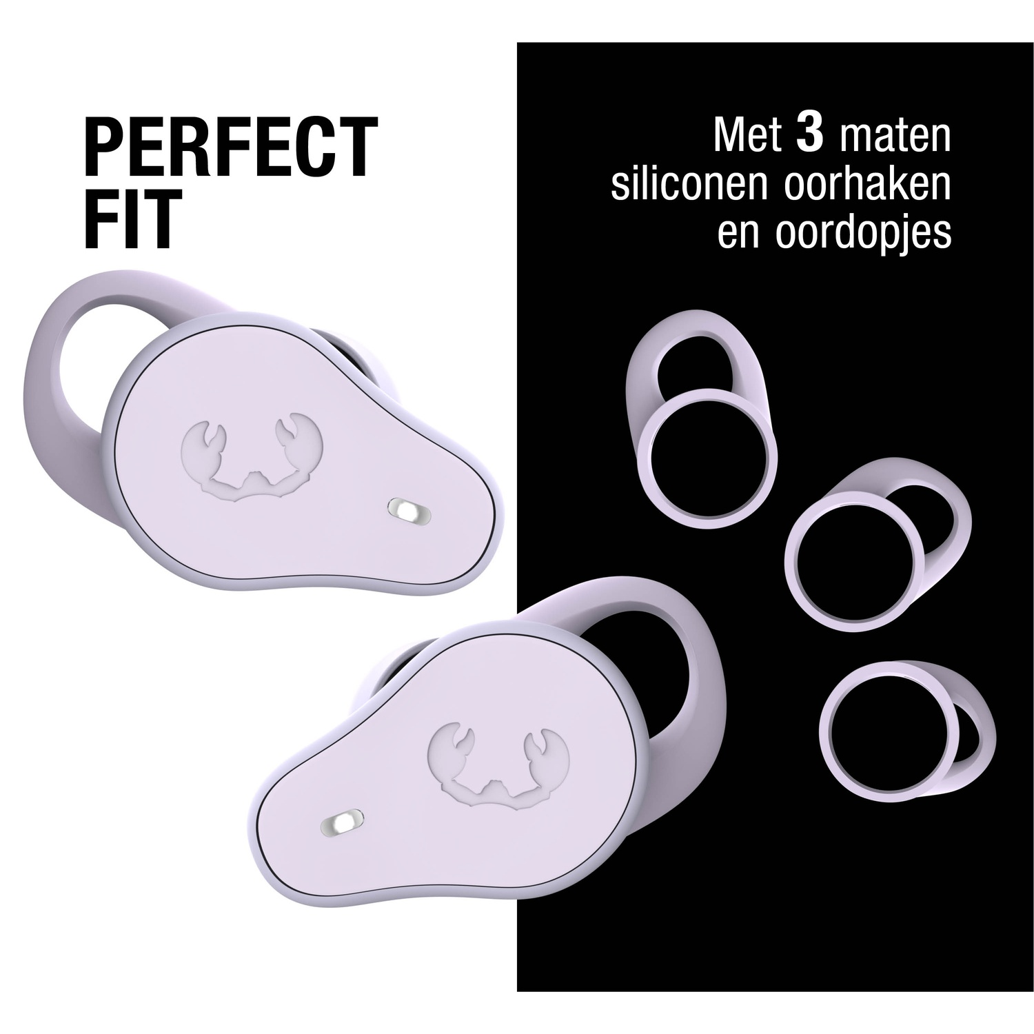 Afbeelding toont twee witte oordopjes met haken en drie siliconen oortips, met het label 'Perfect Fit' en 'Met 3 maten siliconen oorhaken en oordopjes'.