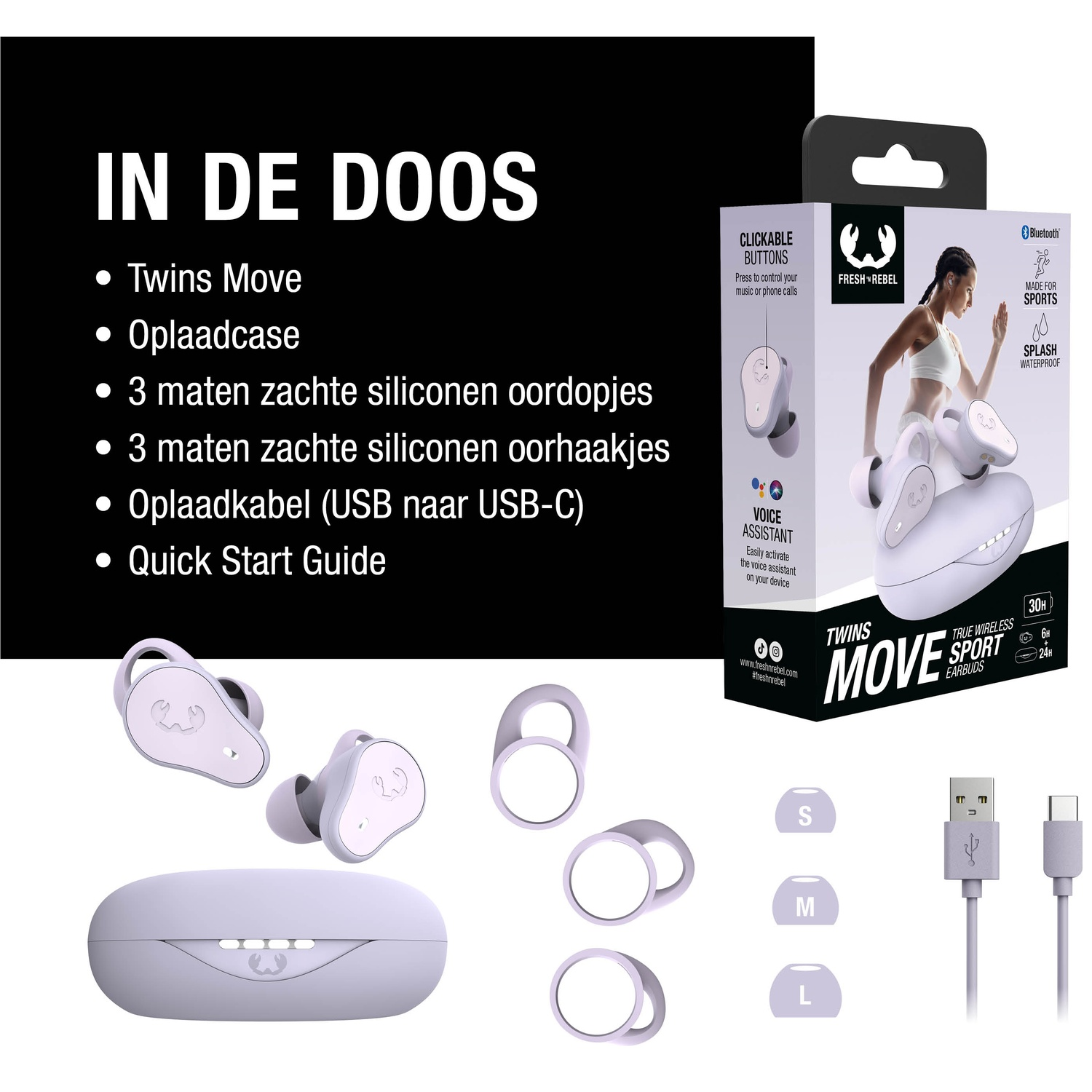 Afbeelding toont Twins Move sport oordopjes, oplaadcase, oordopjes, oorhaken, USB-kabel en een doos met productdetails.